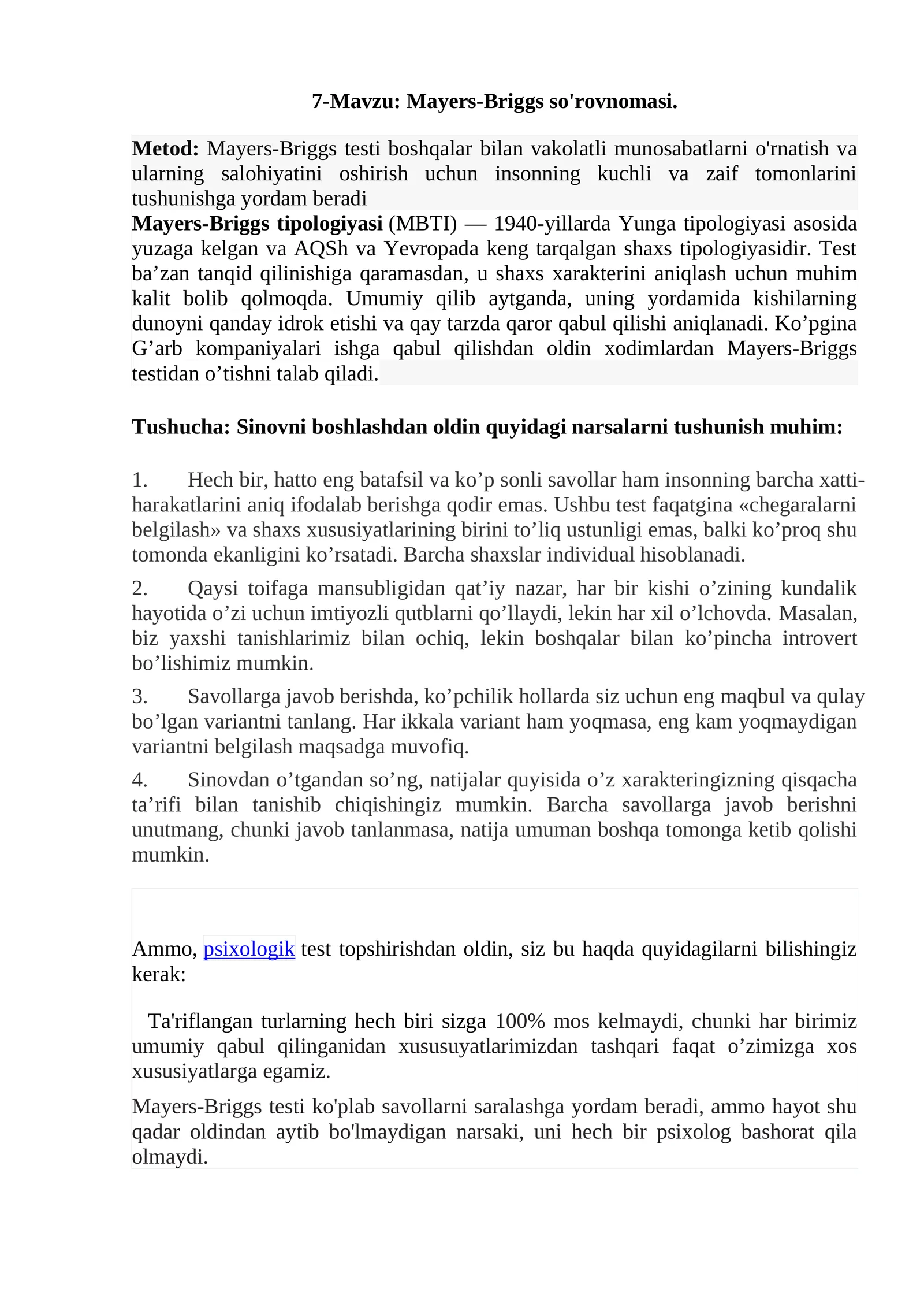 Mayers-Briggs so'rovnomasi
