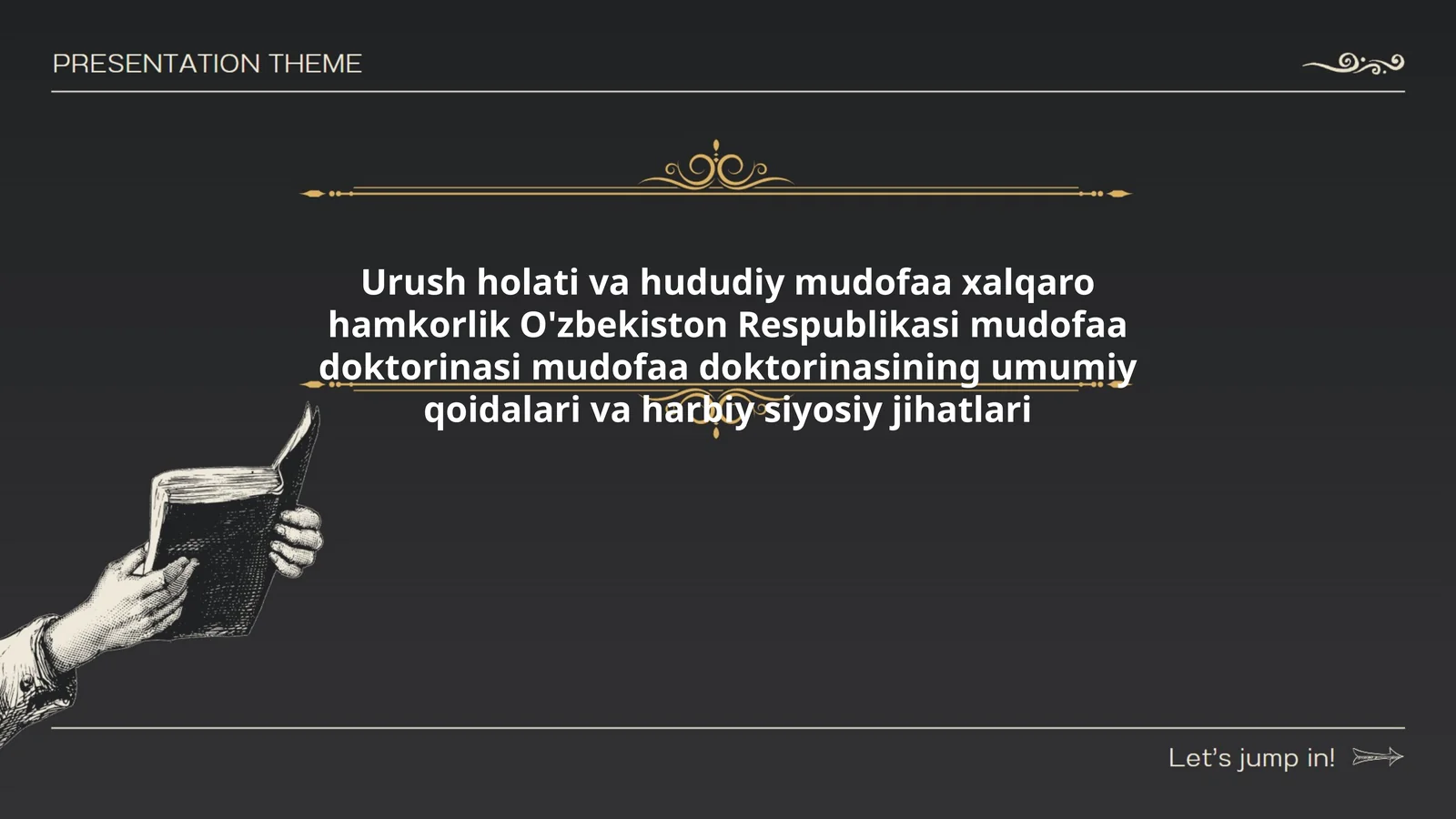 Urush holati va hududiy mudofaa xalqaro hamkorlik O'zbekiston Respublikasi mudofaa doktorinasi mudofaa doktorinasining umumiy qoidalari va harbiy siyosiy jihatlari