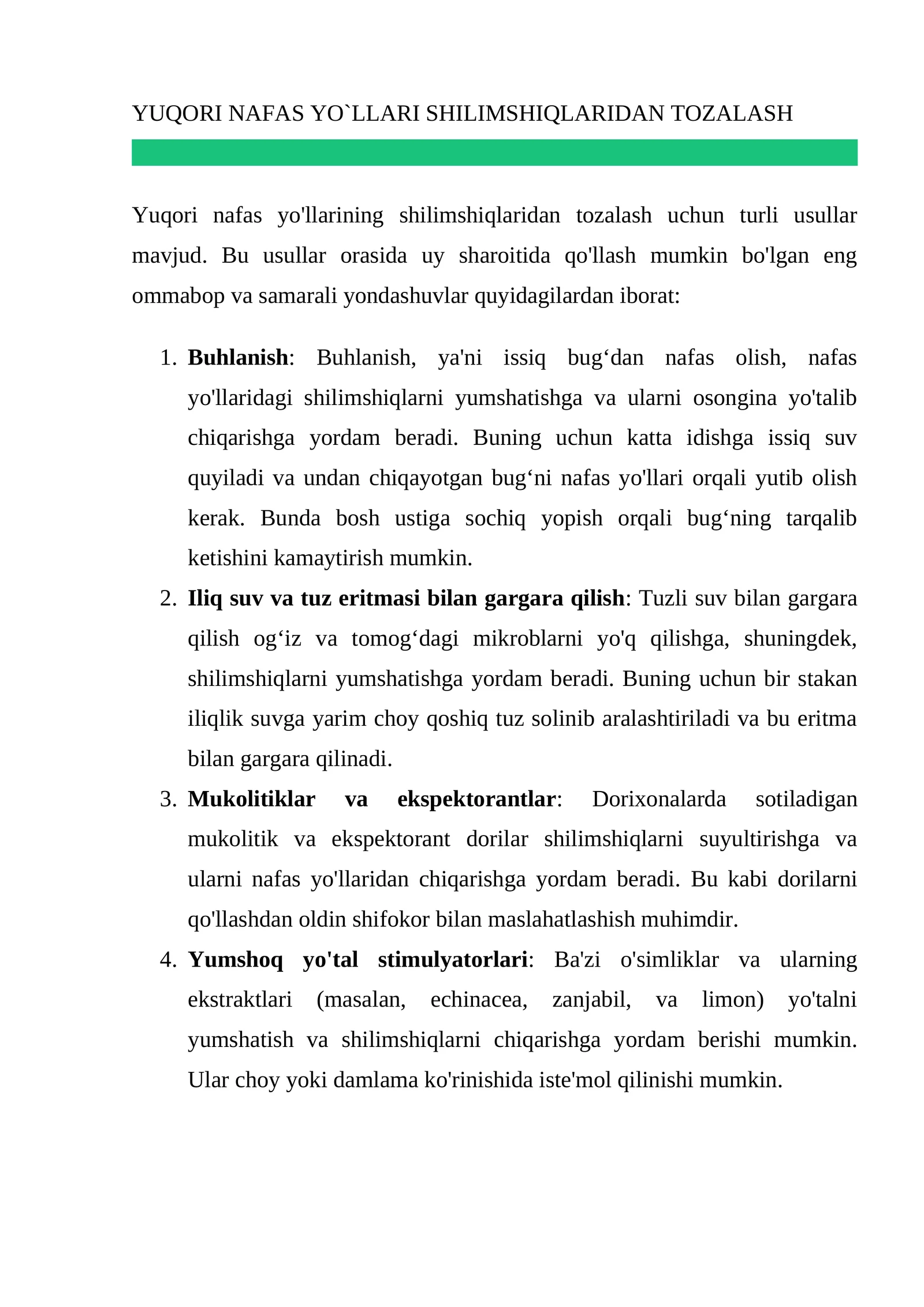 Yuqori Nafas Yo`llari Shilimshiqlaridan Tozalash