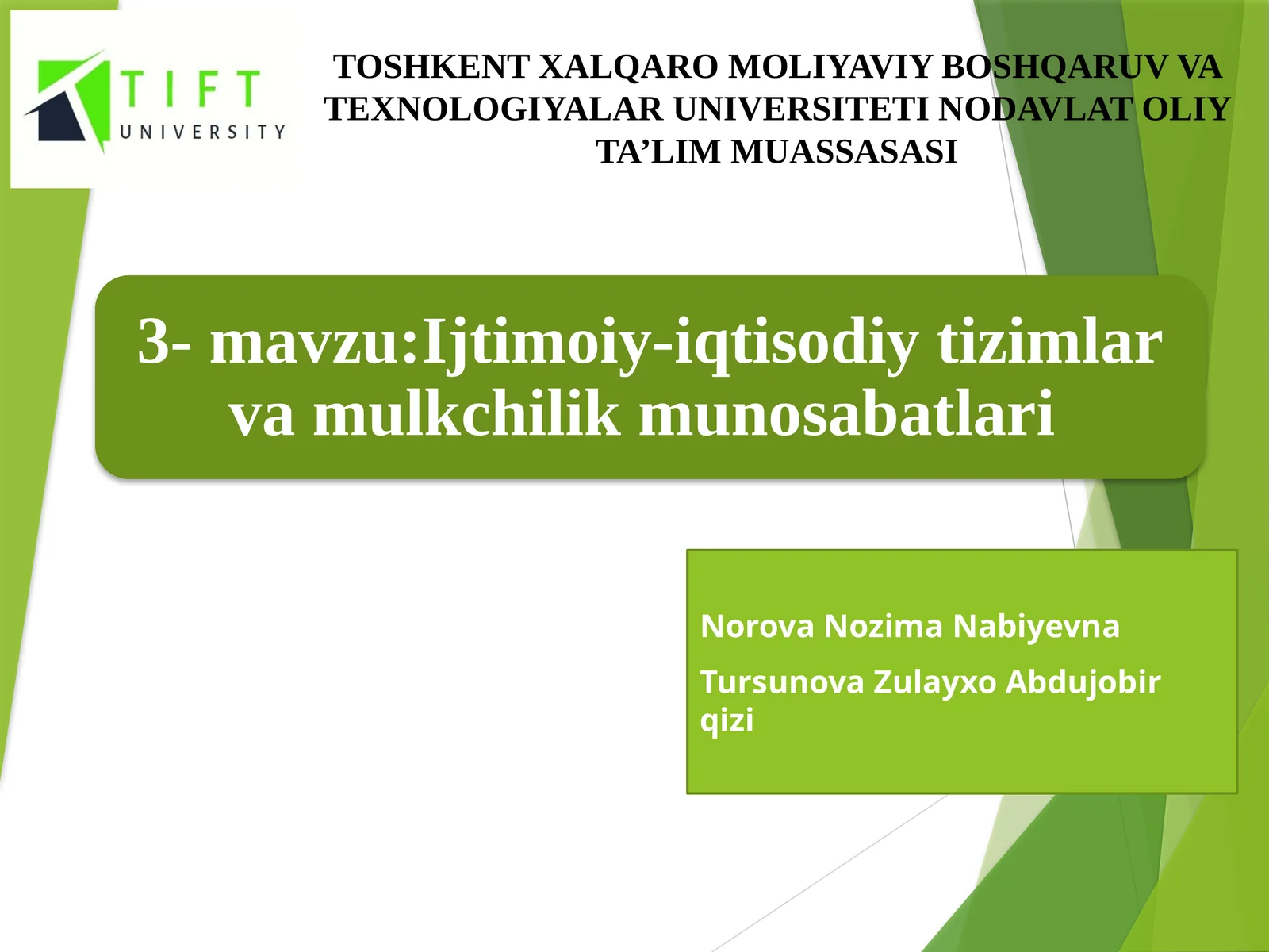 TOSHKENT XALQARO MOLIYAVIY BOSHQARUV VA TEXNOLOGIYALAR UNIVERSITETI NODAVLAT OLIY TA’LIM MUASSASASI