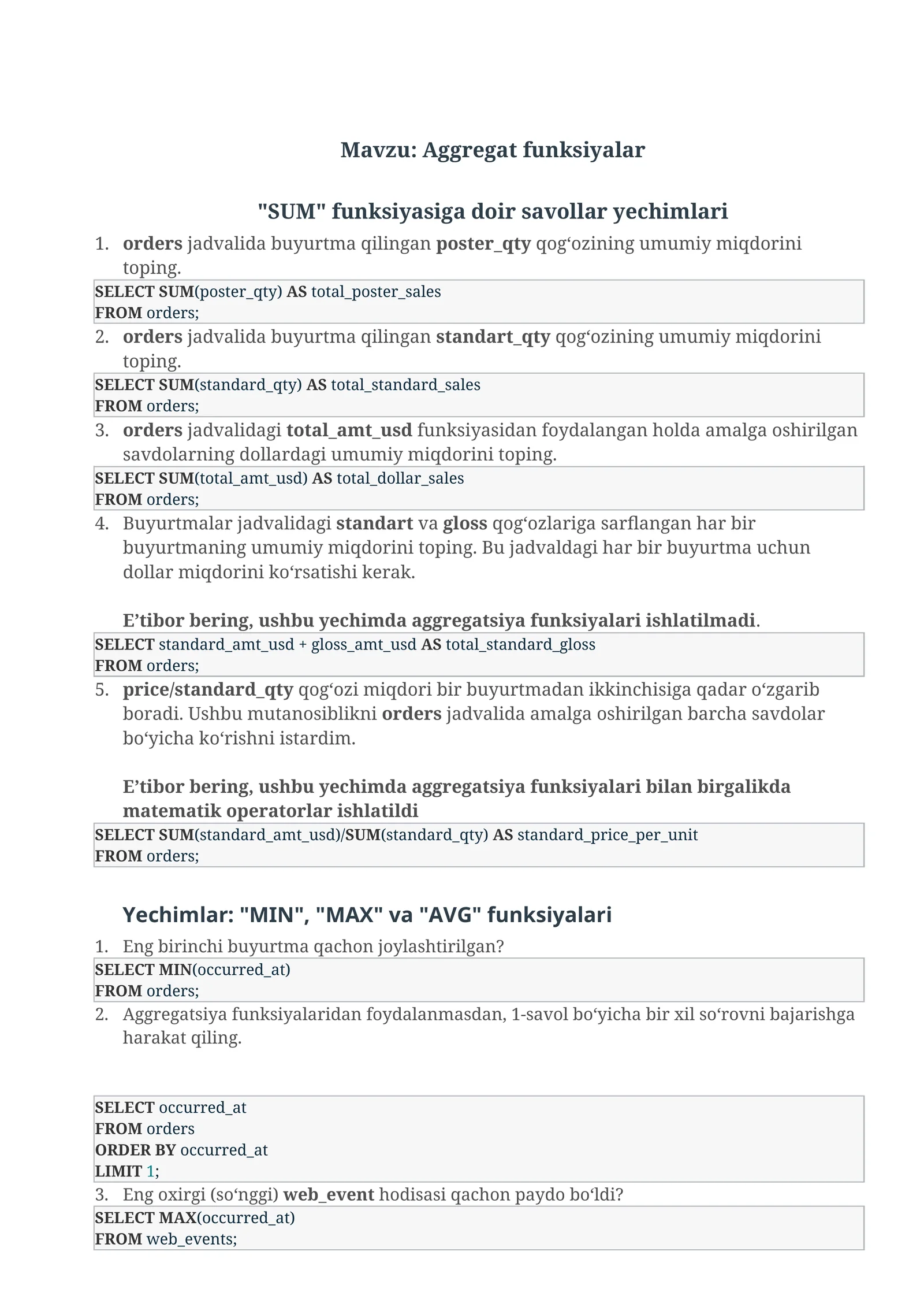 Aggregat funksiyalar