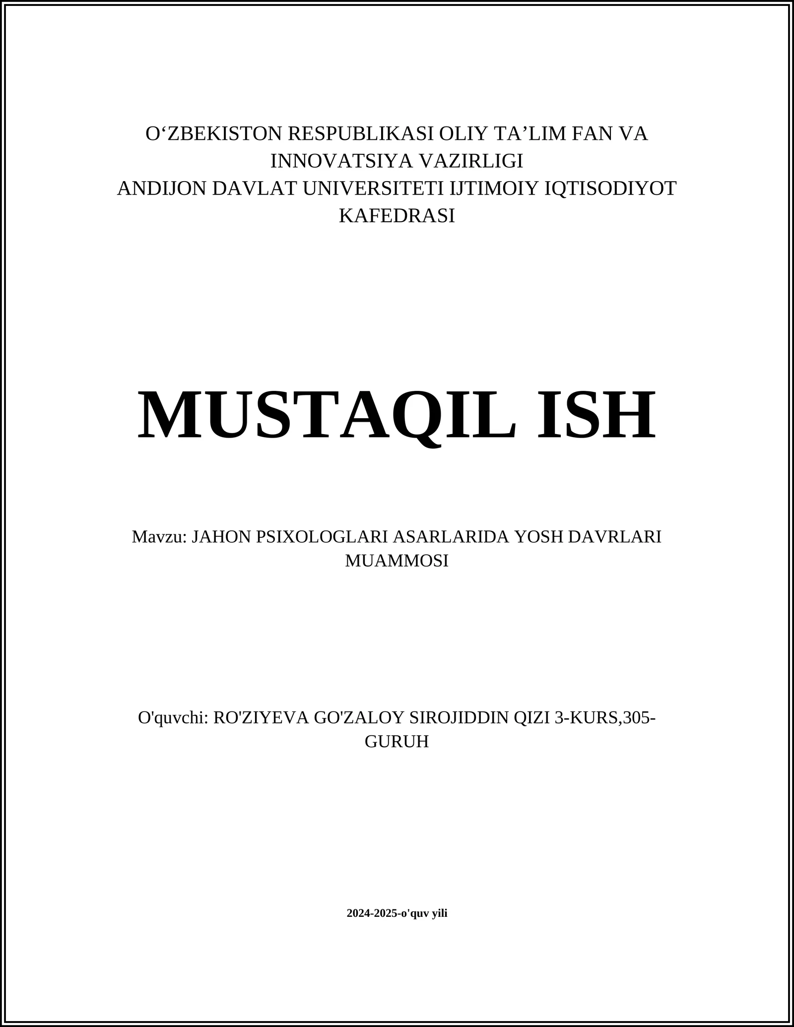 JAHON PSIXOLOGLARI ASARLARIDA YOSH DAVRLARI MUAMMOSI
