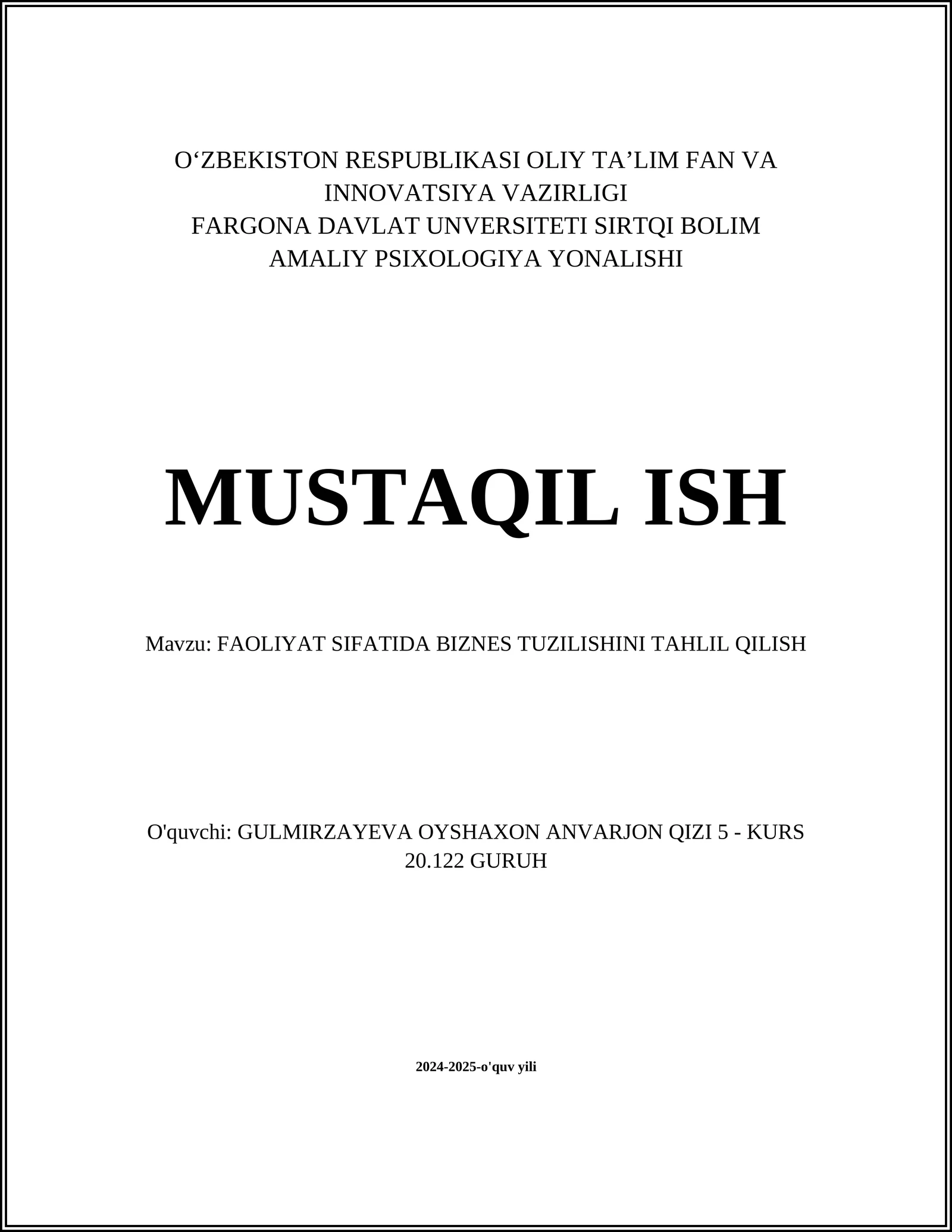 FAOLIYAT SIFATIDA BIZNES TUZILISHINI TAHLIL QILISH