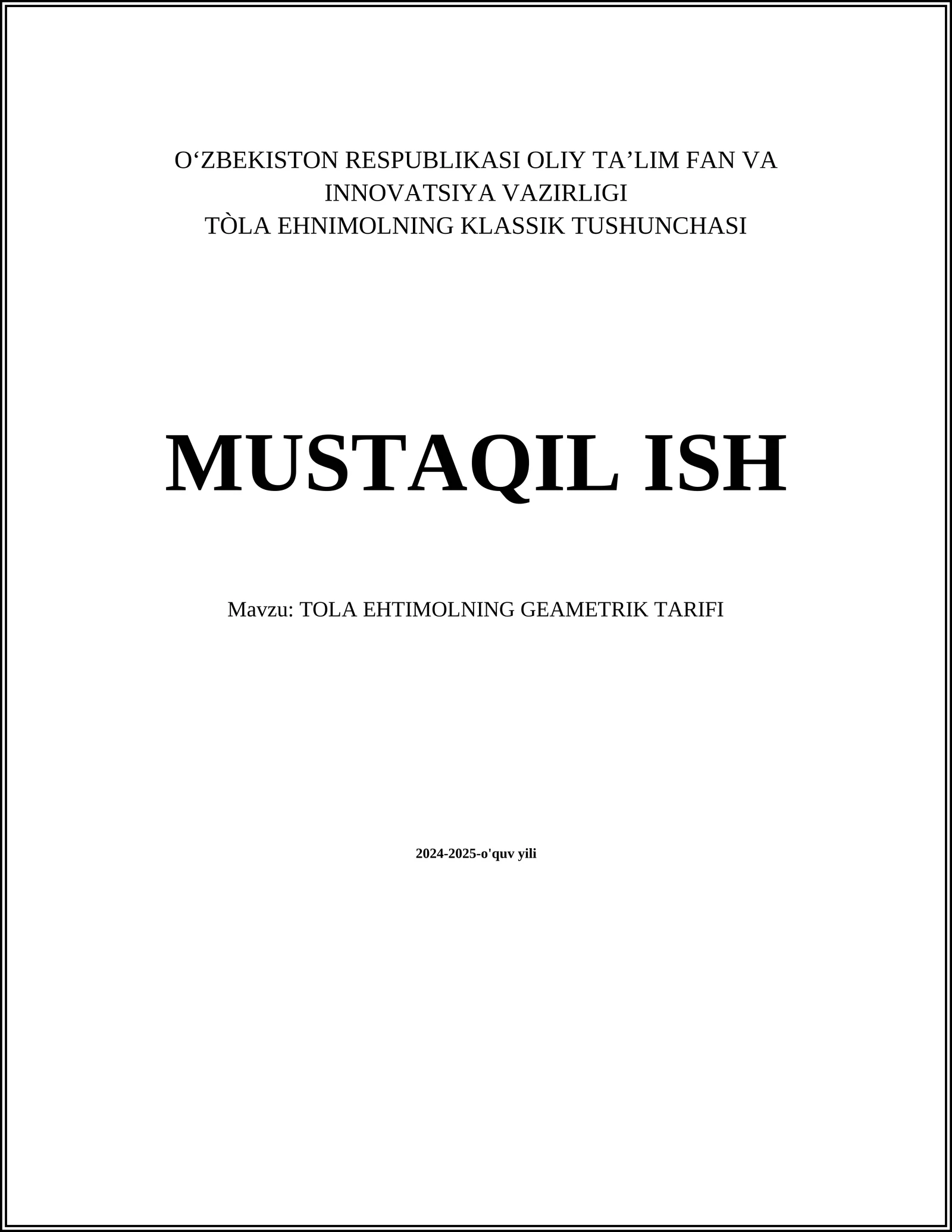 TÒLA EHNIMOLNING KLASSIK TUSHUNCHASI