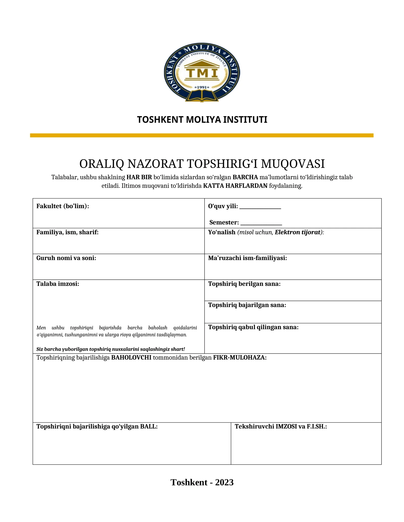 ORALIQ NAZORAT TOPSHIRIG‘I MUQOVASI