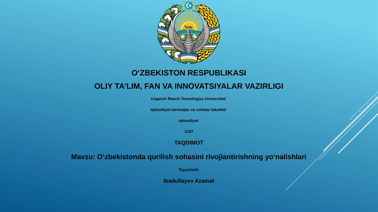 Oʻzbekistonda qurilish sohasini rivojlantirishning yoʻnalishlari