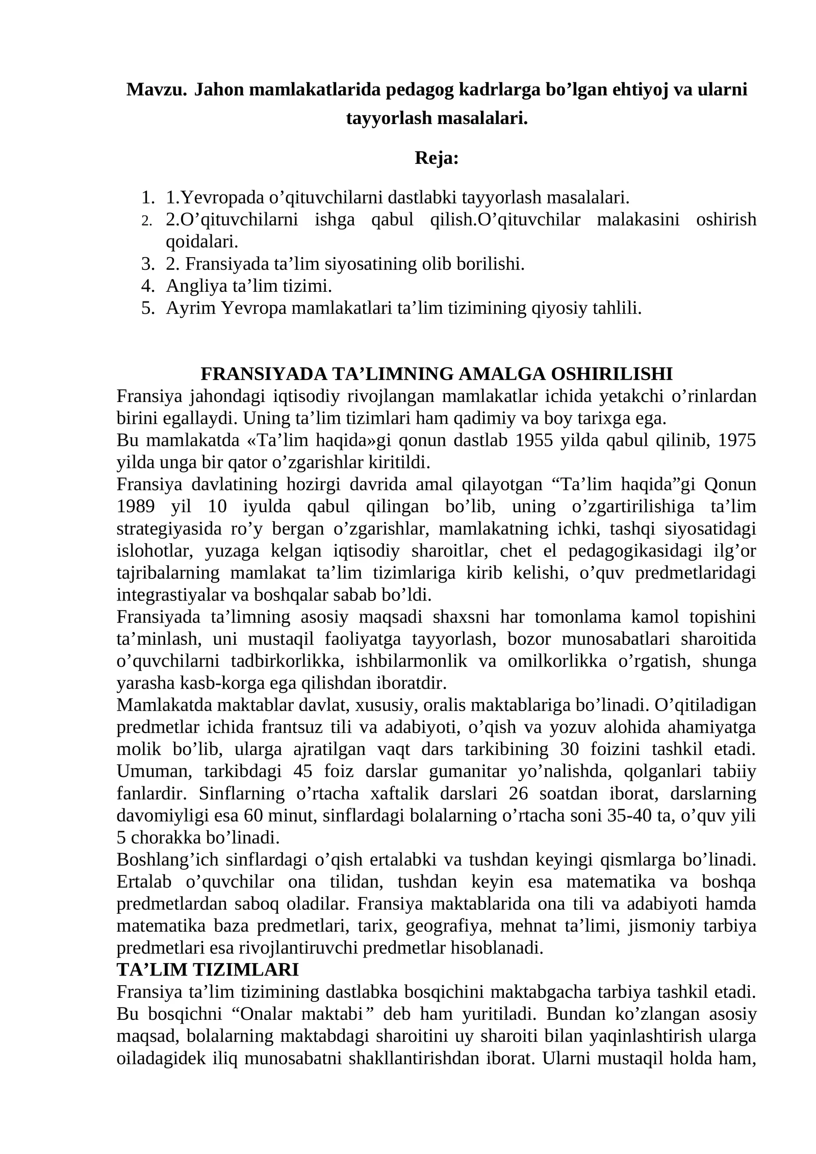 Fransiyada ta’limning amalga oshirilishi