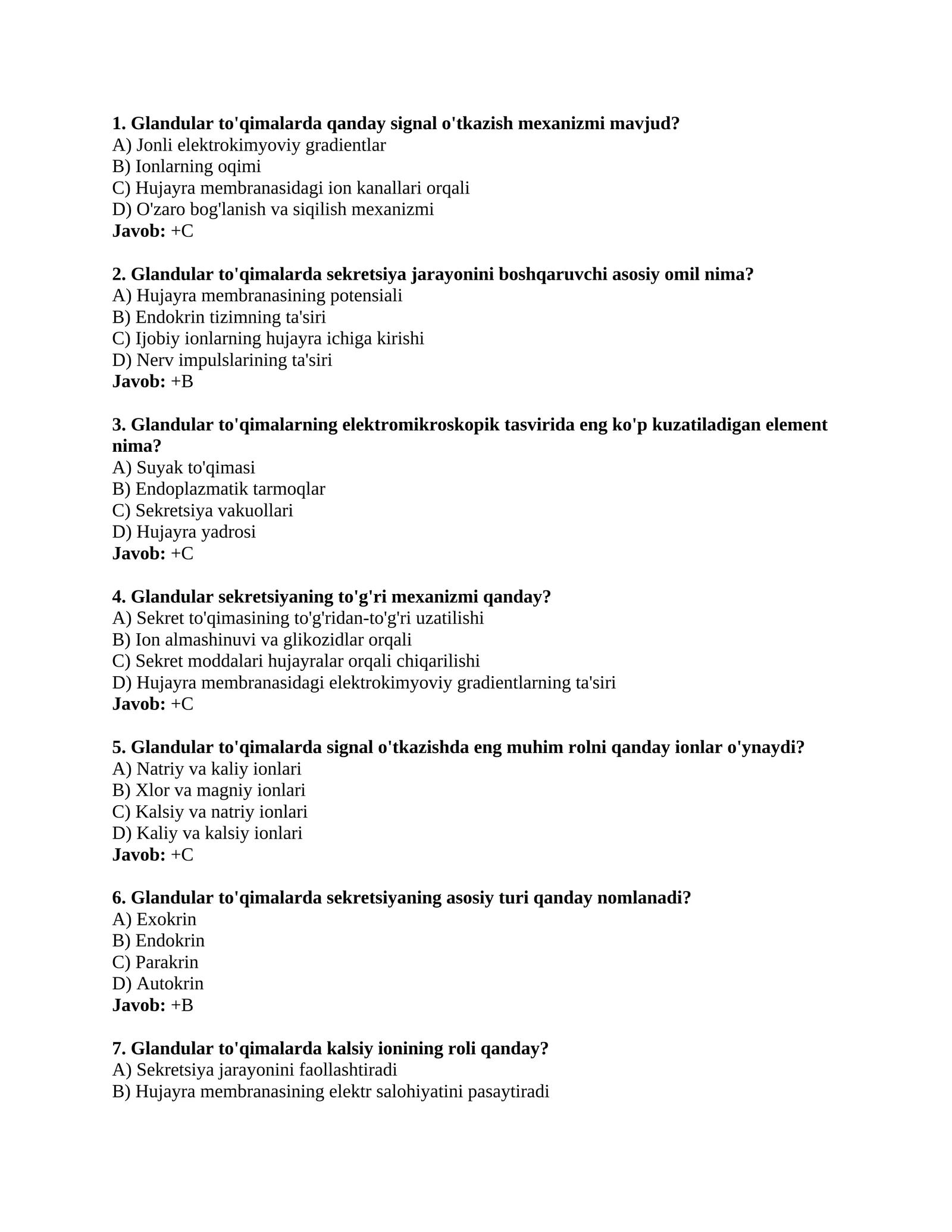 Glandular to'qimalar haqida test savollar