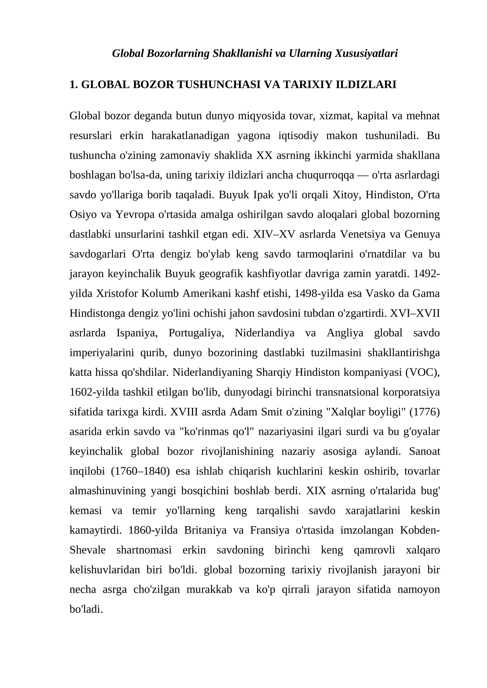 Global Bozorlarning Shakllanishi va Ularning Xususiyatlari foydalanissh uchun asos