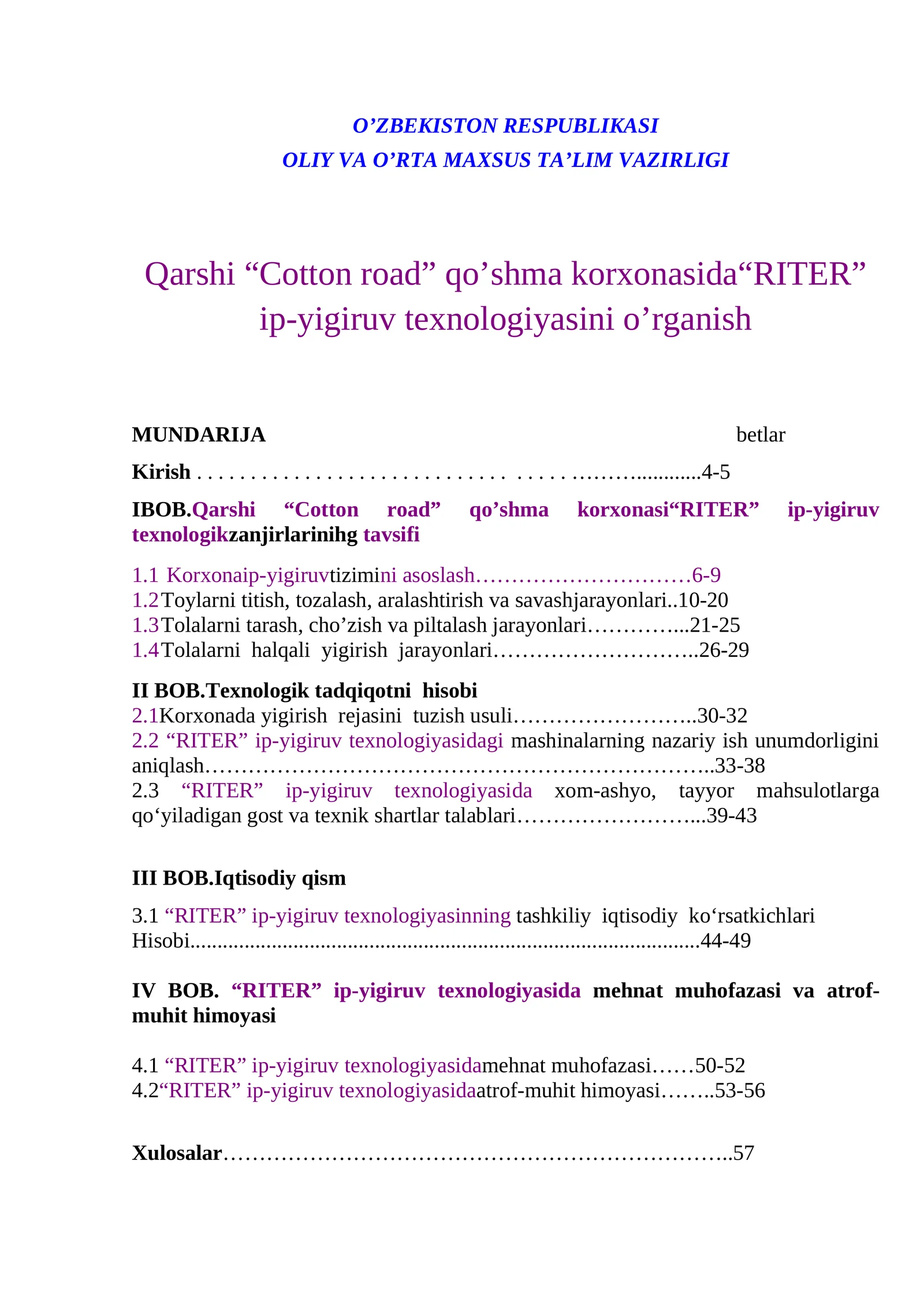 Qarshi “Cotton road” qo’shma korxonasida“RITER” ip-yigiruv texnologiyasini o’rganish