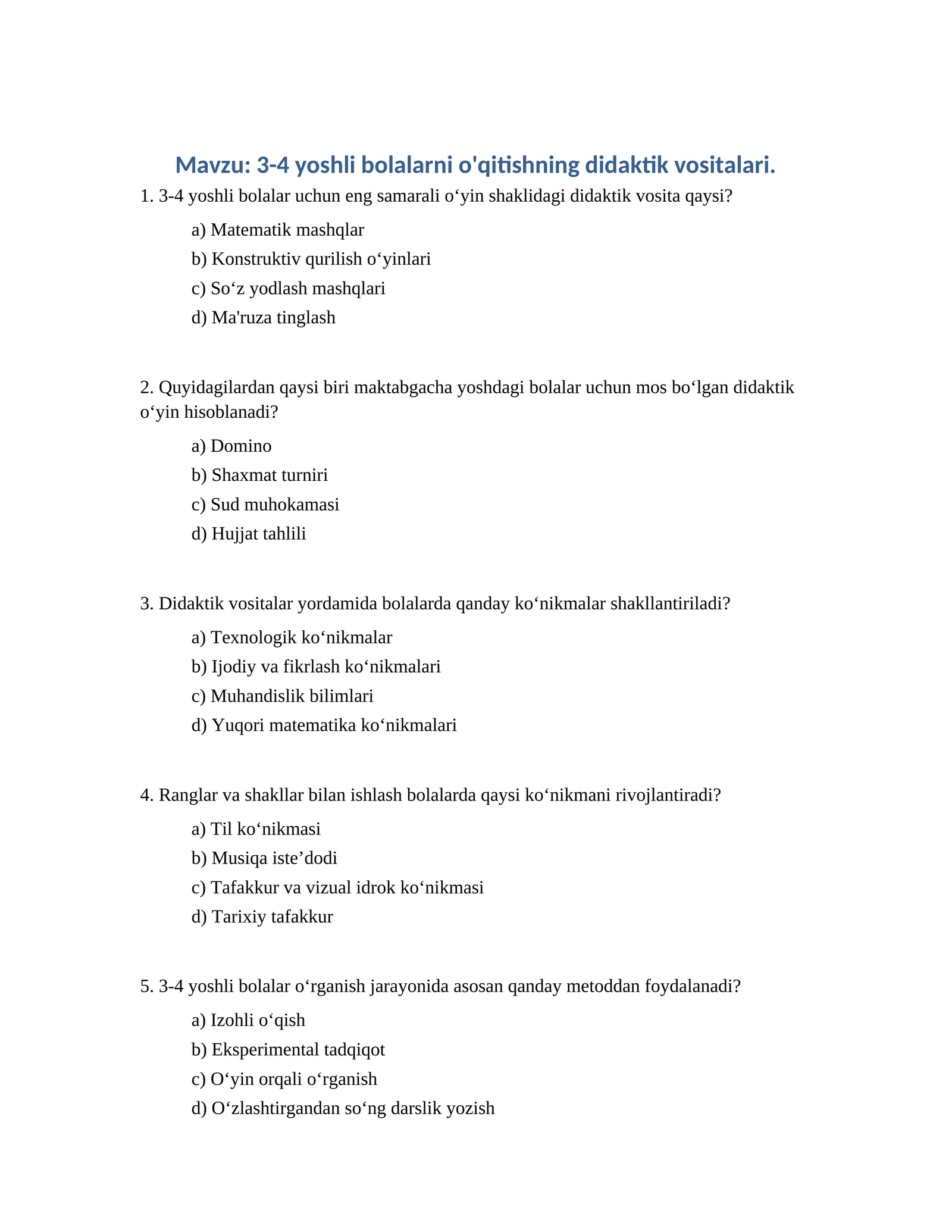 3-4 yoshli bolalarni o'qitishning didaktik vositalari