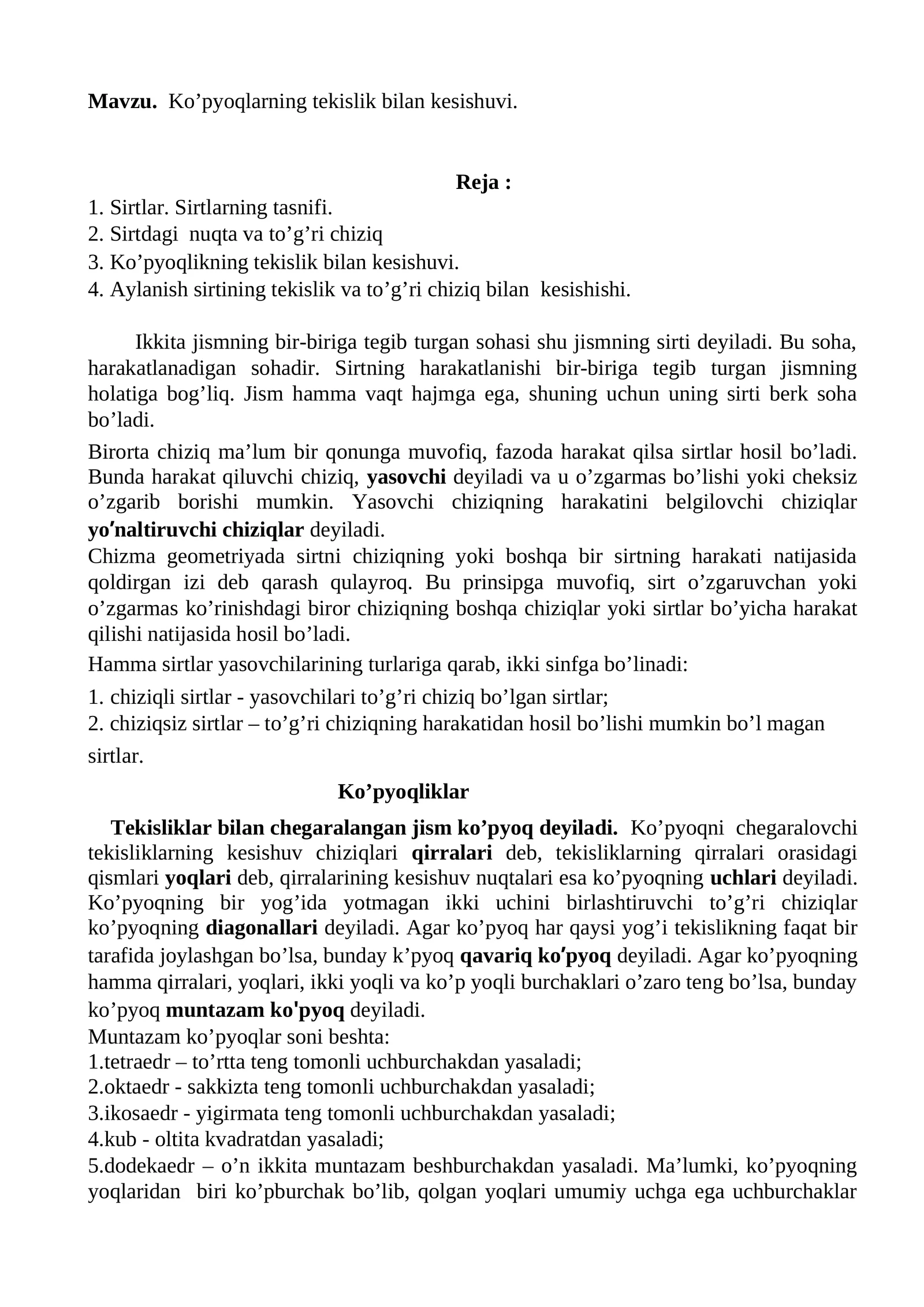 Ko’pyoqlarning tekislik bilan kesishuvi