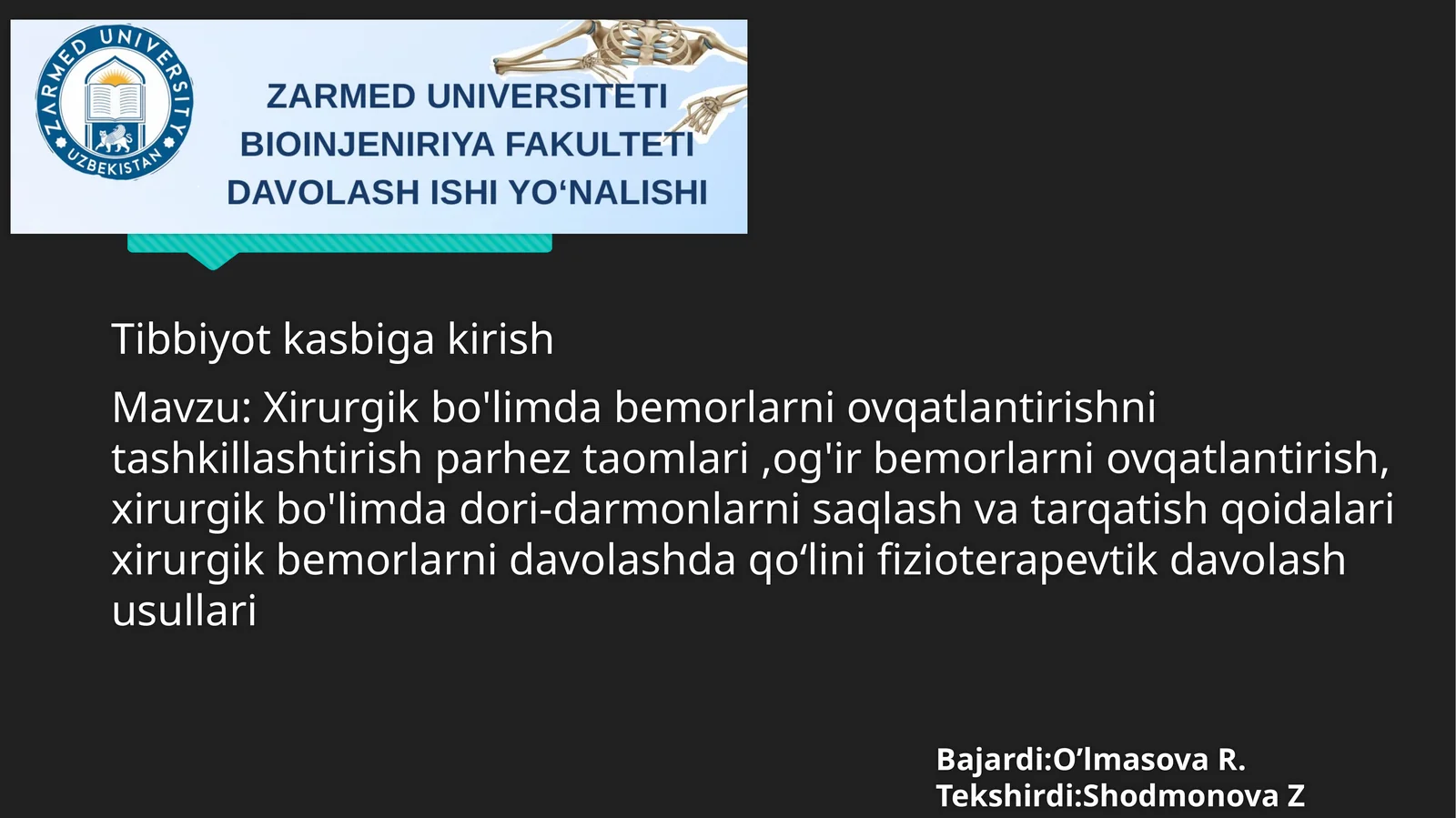 Xirurgik bo'limda bemorlarni oziqlantirish tizimi