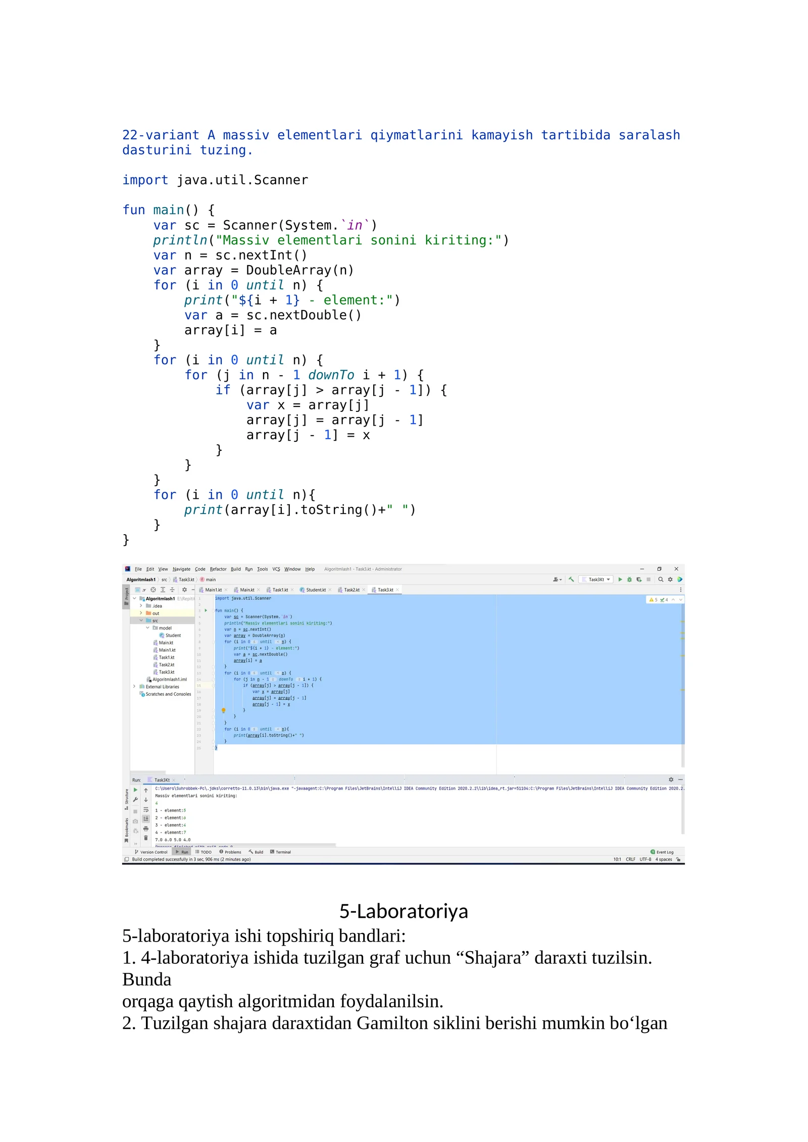 22-variant A massiv elementlari qiymatlarini kamayish tartibida saralash dasturi
