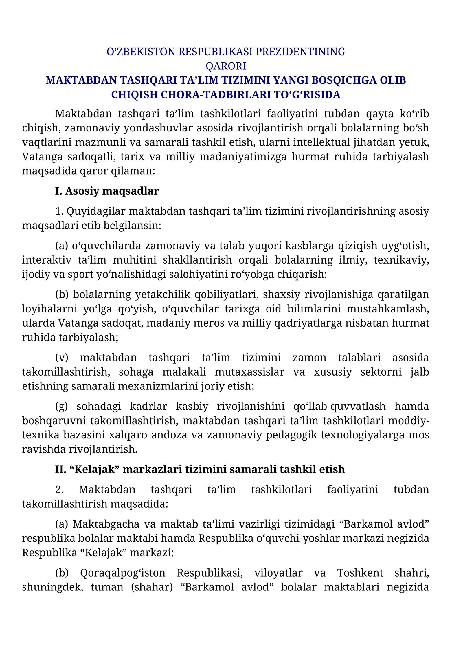 Maktabdan tashqari taʼlim tizimini yangi bosqichga olib chiqish chora-tadbirlari toʻgʻrisida