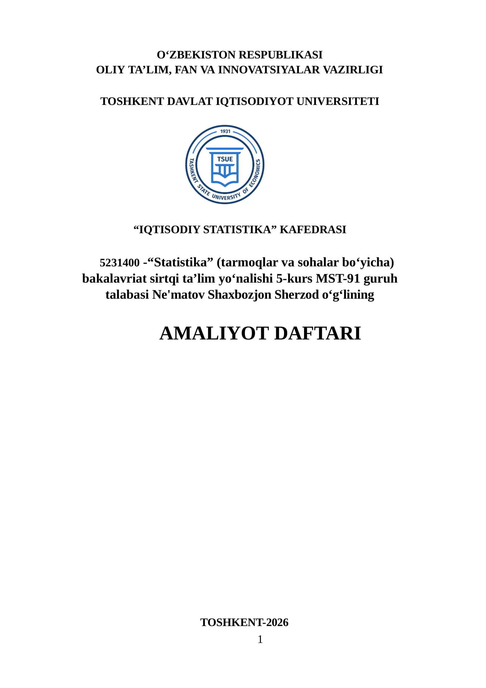 "KIMYOGAR EXTIYOT QISMLAR BOZORI" MCHJ
AMALIYOT HISOBOTI