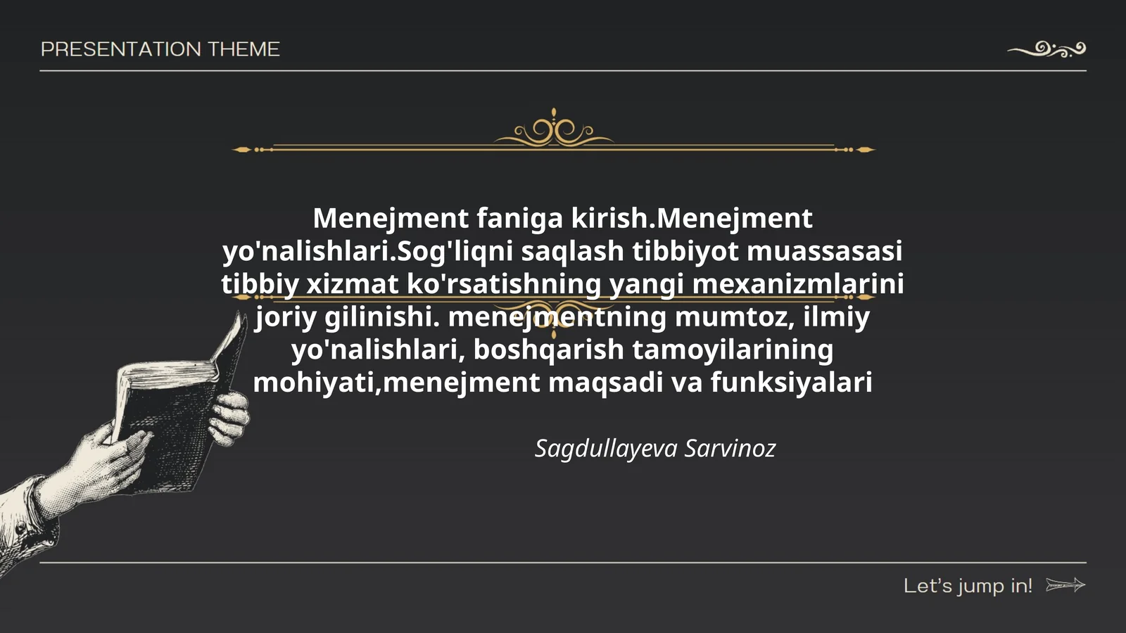 Menejment faniga kirish.Menejment yo'nalishlari.Sog'liqni saqlash tibbiyot muassasasi tibbiy xizmat ko'rsatishning yangi mexanizmlarini joriy gilinishi. menejmentning mumtoz, ilmiy yo'nalishlari, boshqarish tamoyilarining mohiyati,menejment maqsadi va funksiyalari