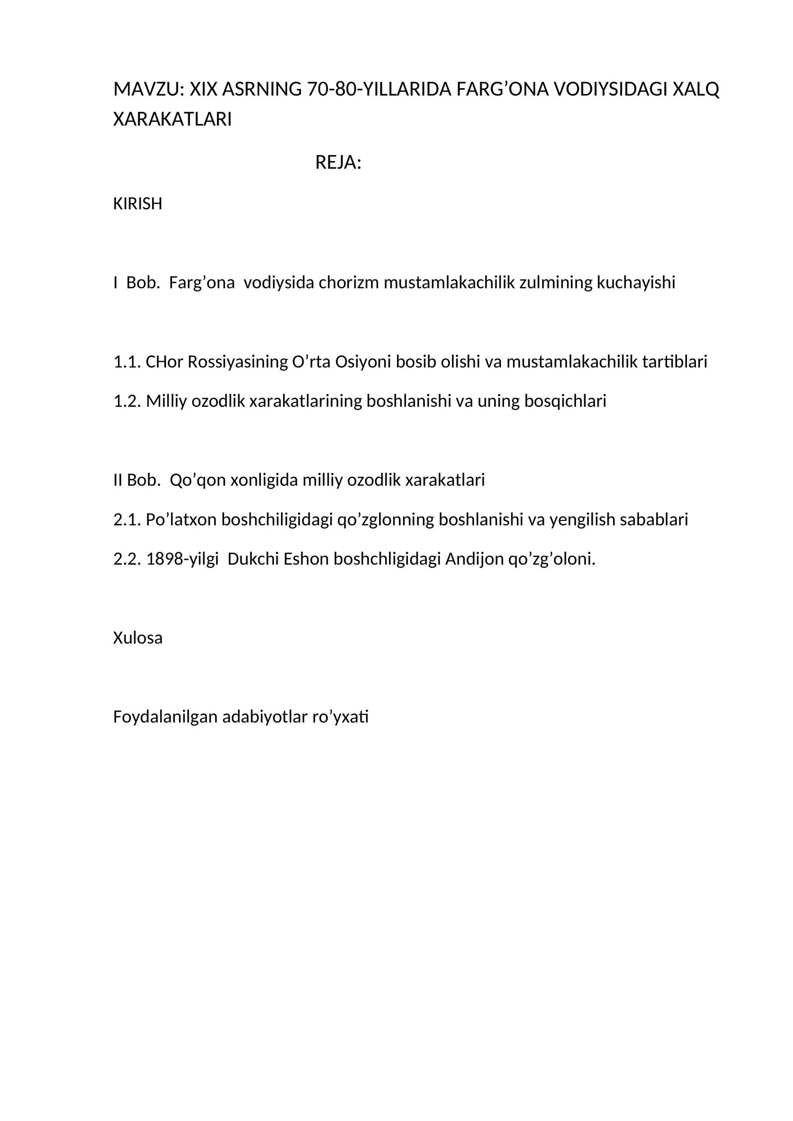 XIX ASRNING 70-80-YILLARIDA FARG’ONA VODIYSIDAGI XALQ XARAKATLARI