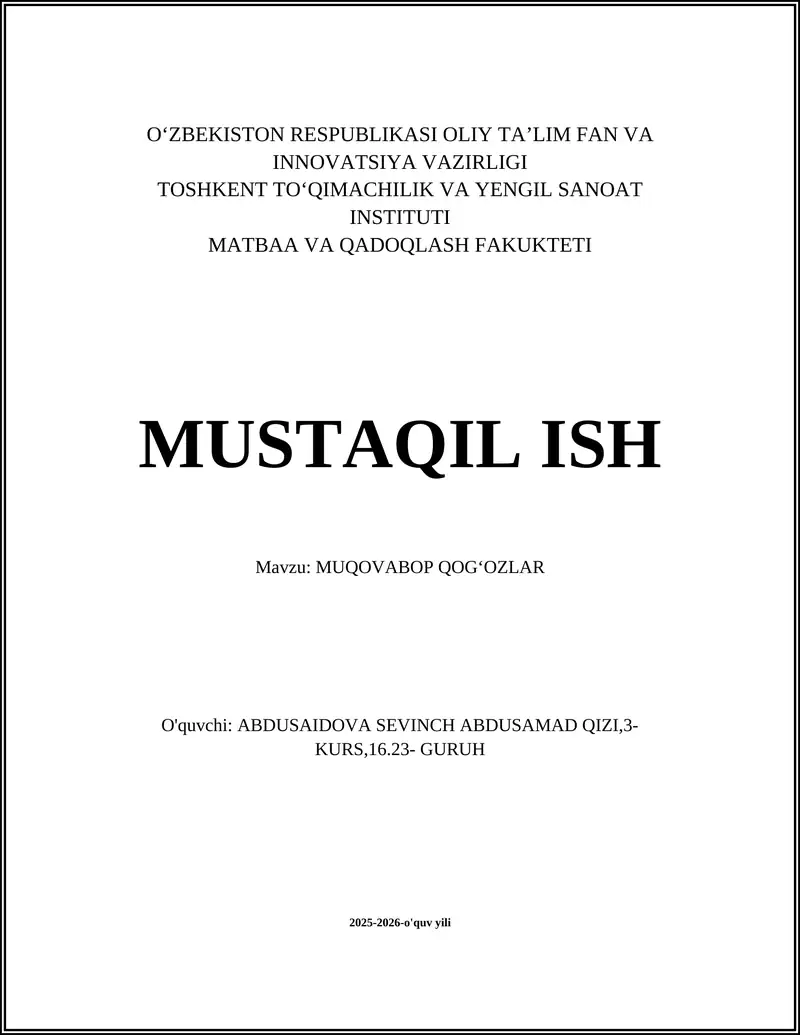 MUQOVABOP QOGʻOZLAR