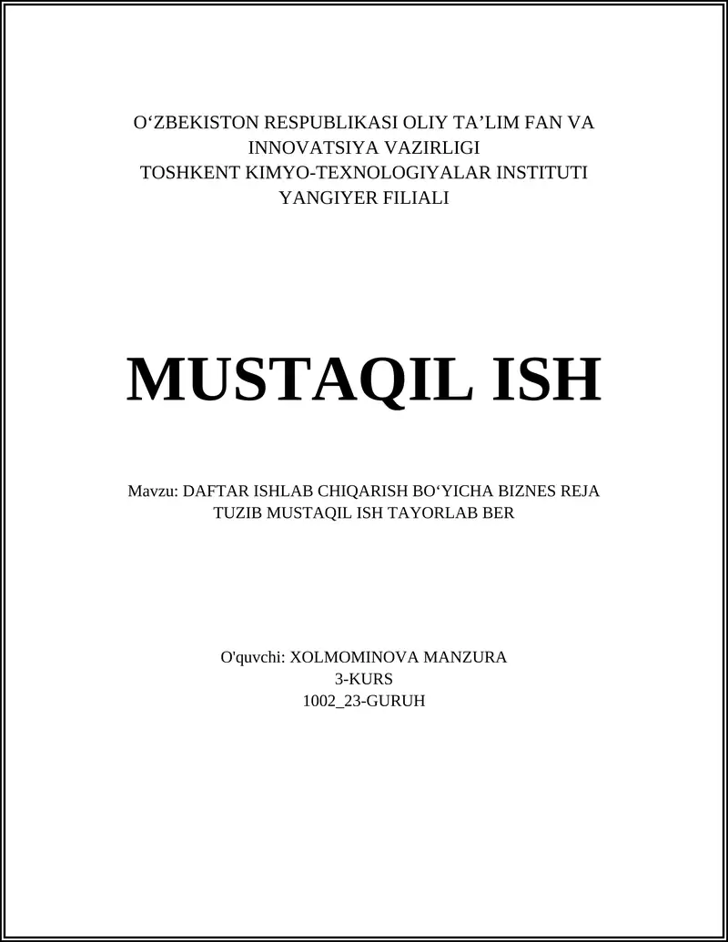 DAFTAR ISHLAB CHIQARISH BOʻYICHA BIZNES REJA