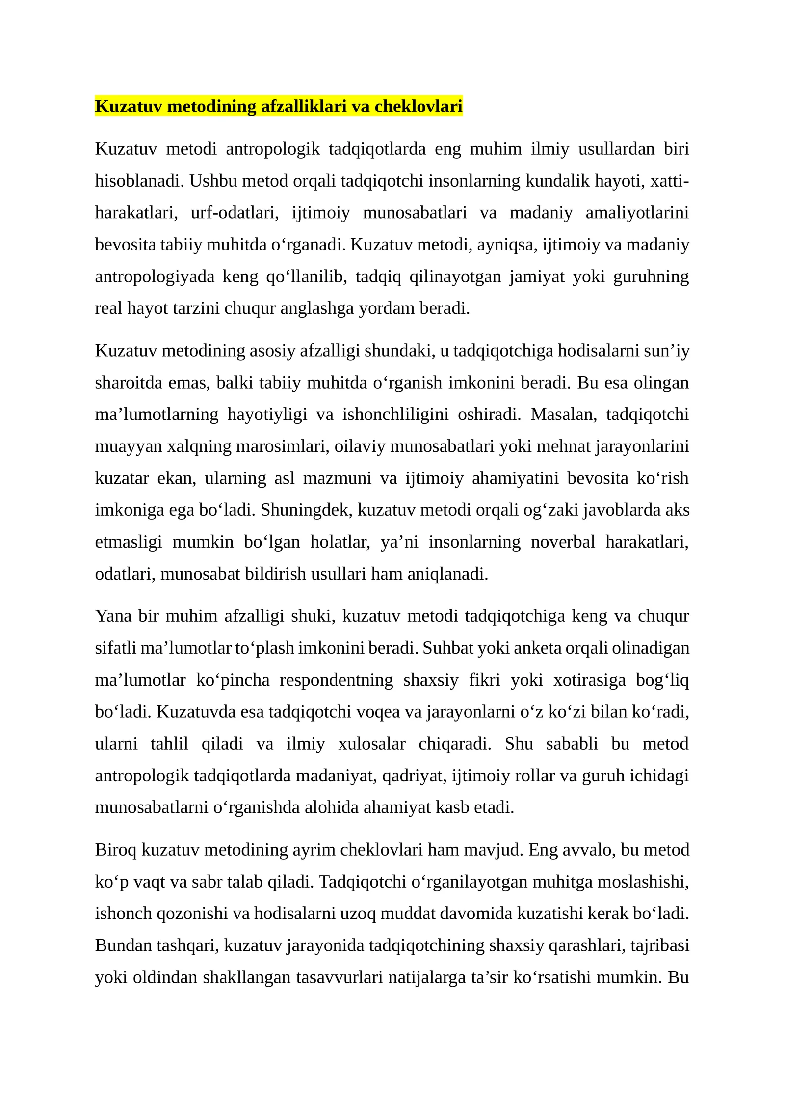 Kuzatuv metodining afzalliklari va cheklovlari