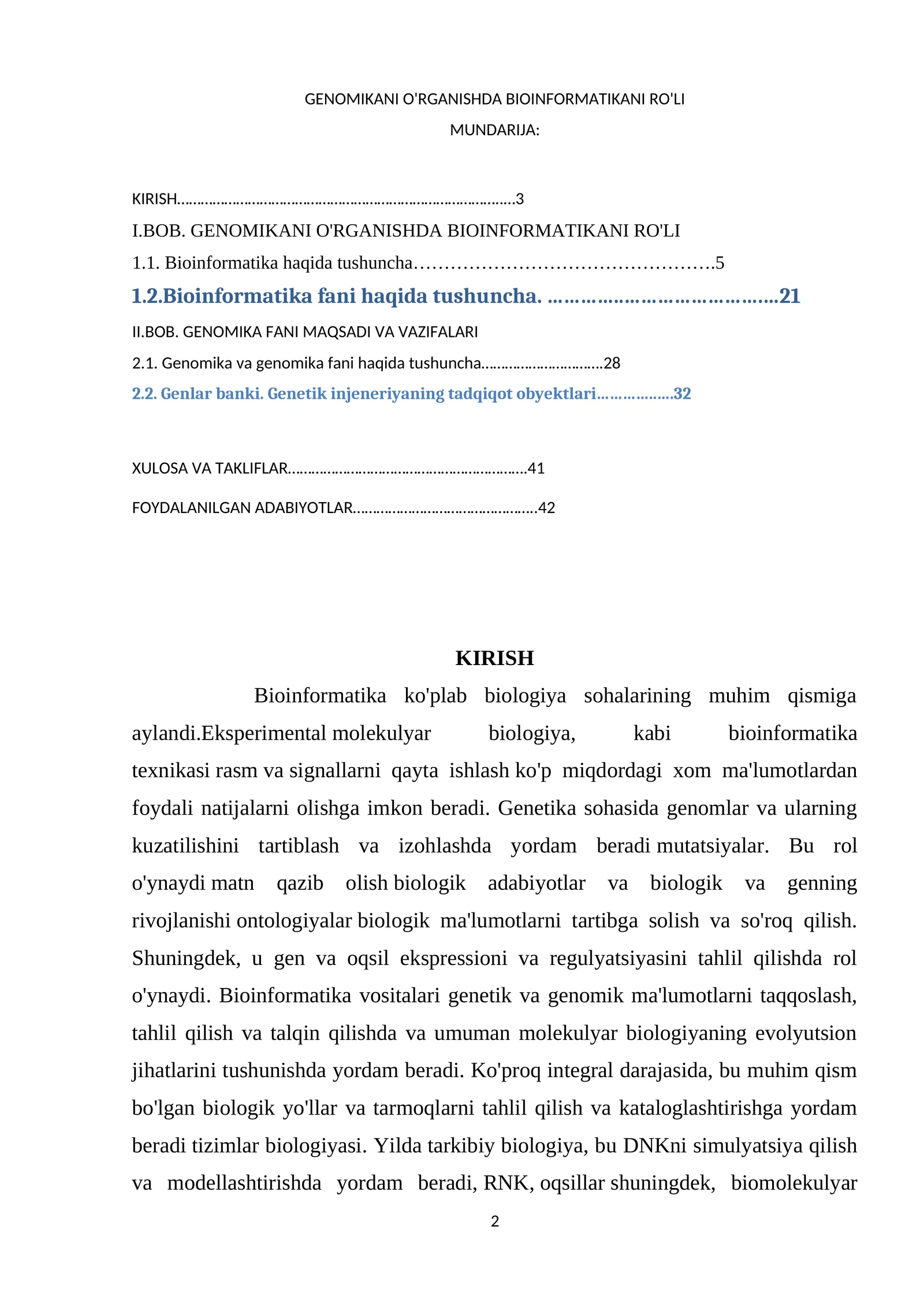 GENOMIKANI O'RGANISHDA BIOINFORMATIKANI RO'LI