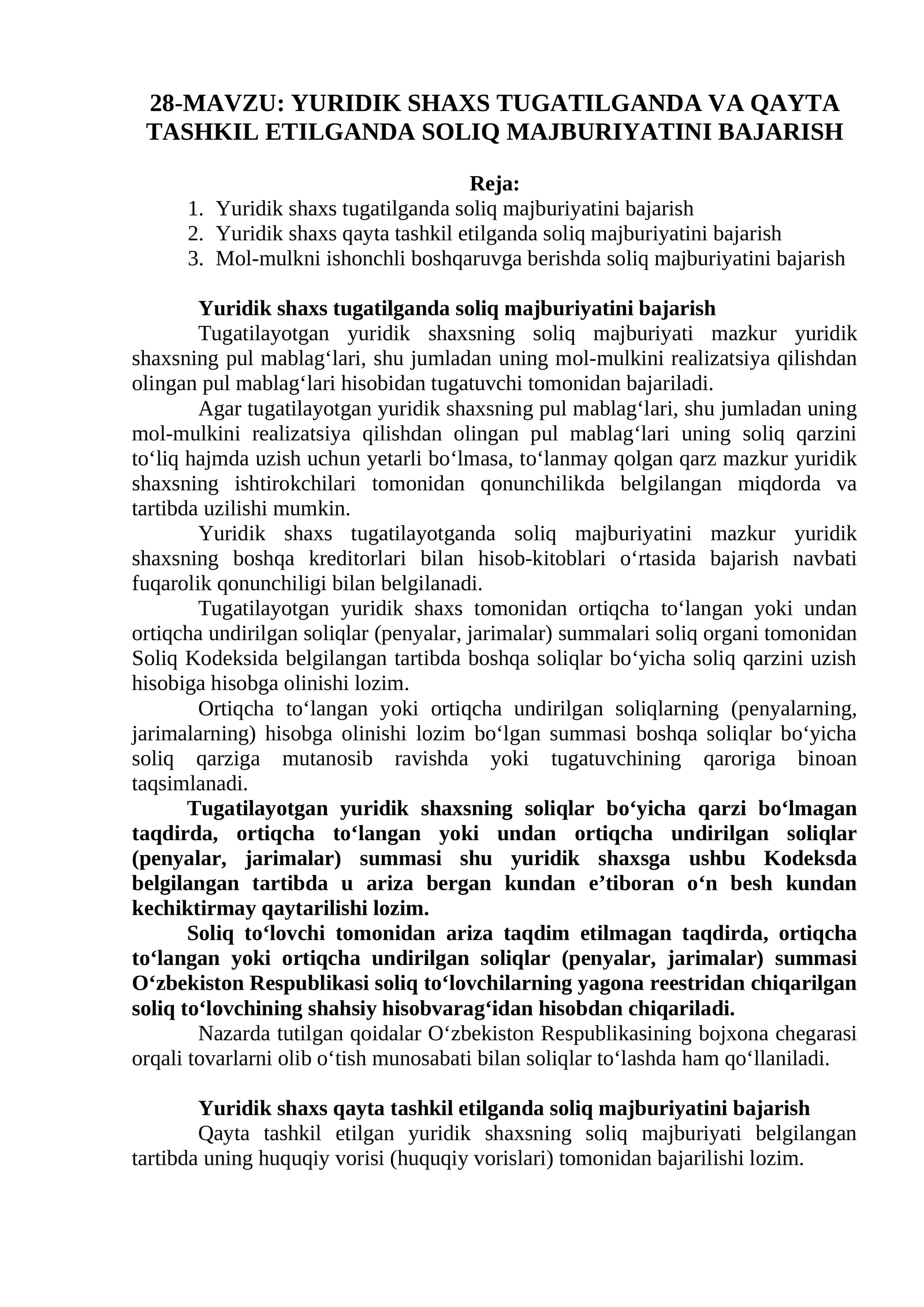 YURIDIK SHAXS TUGATILGANDA VA QAYTA TASHKIL ETILGANDA SOLIQ MAJBURIYATINI BAJARISH