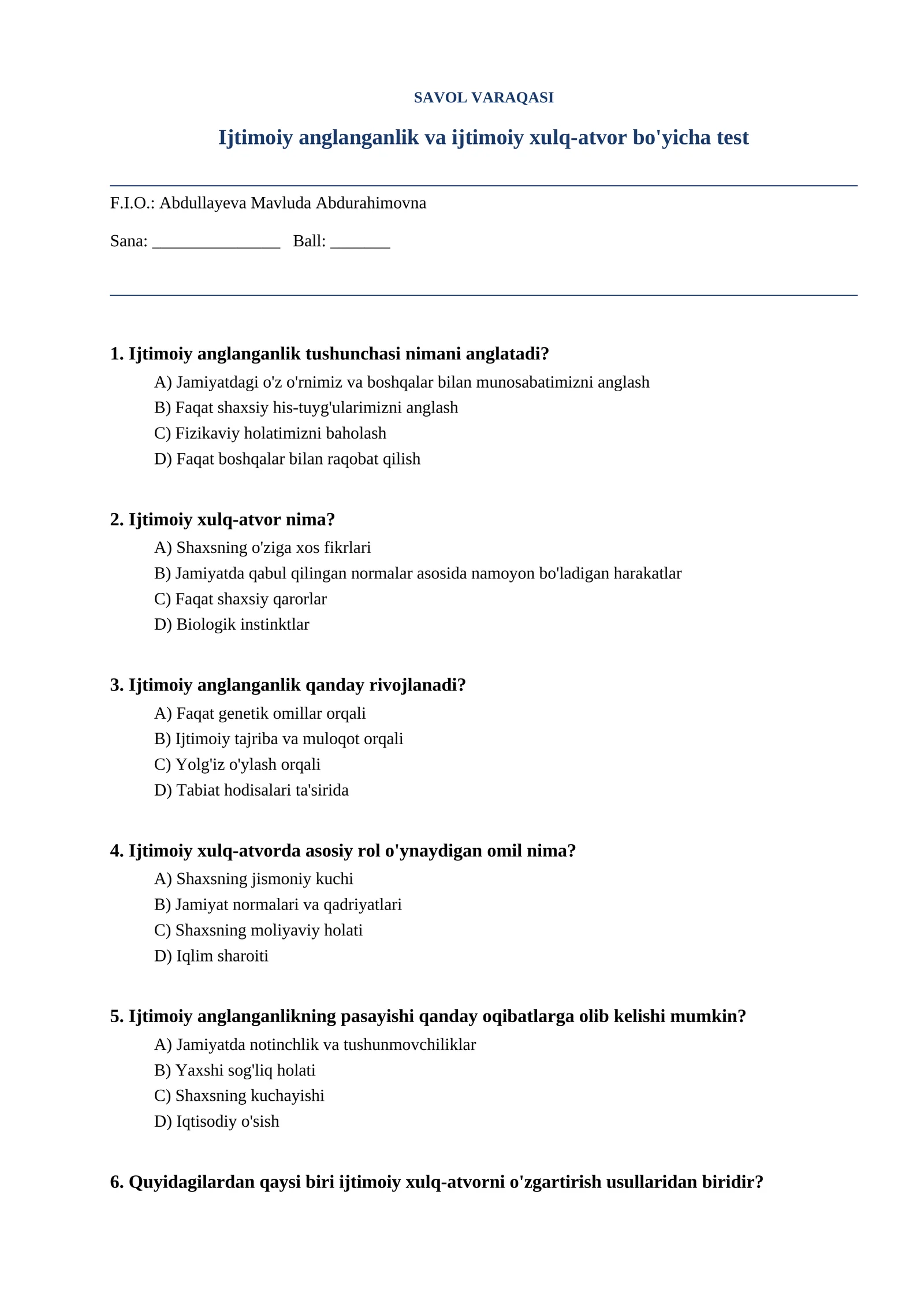 Ijtimoiy anglanganlik va ijtimoiy xulq-atvor bo'yicha test