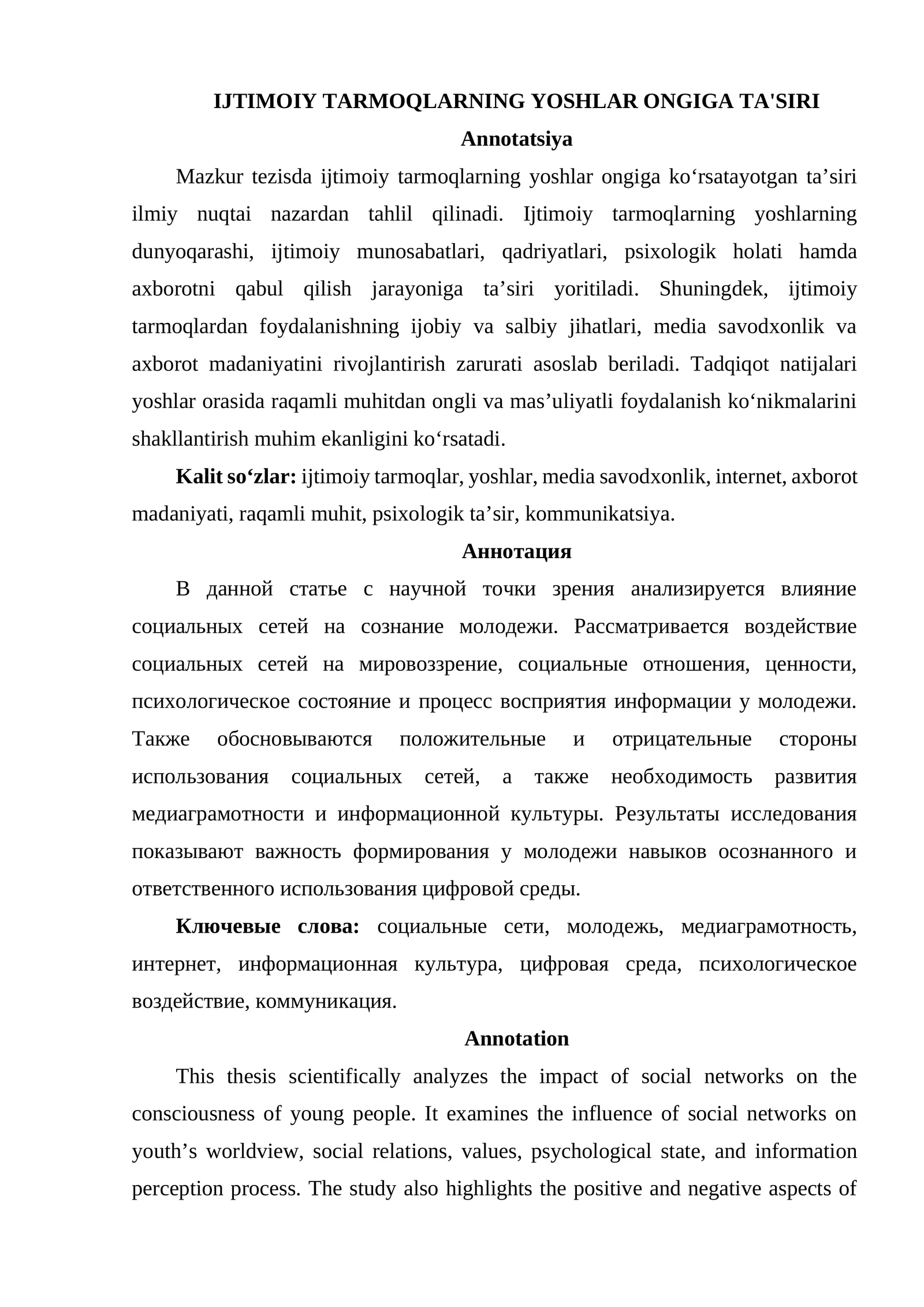 IJTIMOIY TARMOQLARNING YOSHLAR ONGIGA TA'SIRI