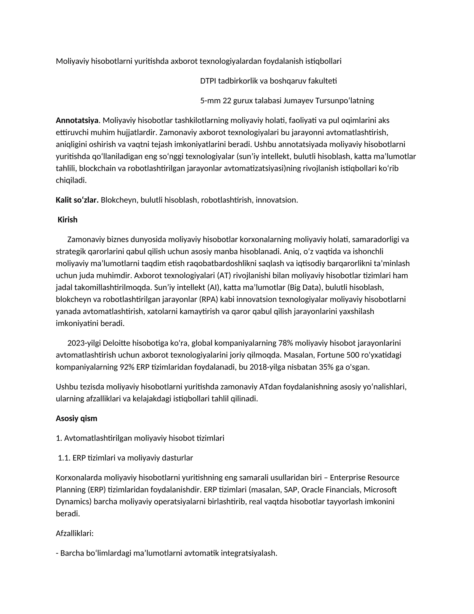 Moliyaviy hisobotlarni yuritishda axborot texnologiyalardan foydalanish istiqbollari