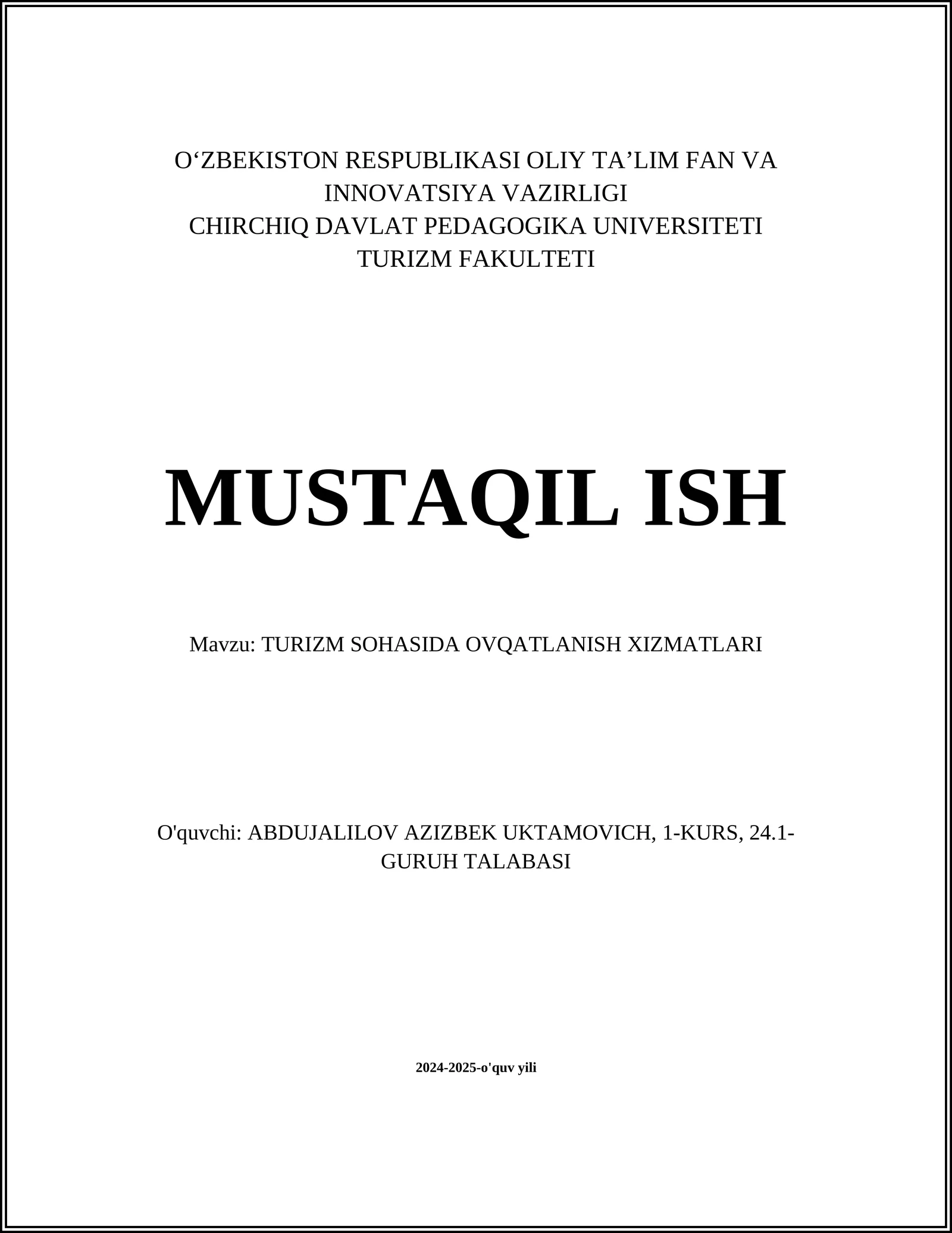 TURIZM SOHASIDA OVQATLANISH XIZMATLARI