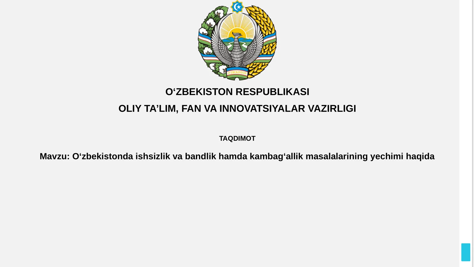 O‘zbekistonda ishsizlik va bandlik hamda kambagʻallik masalalarining yechimi haqida