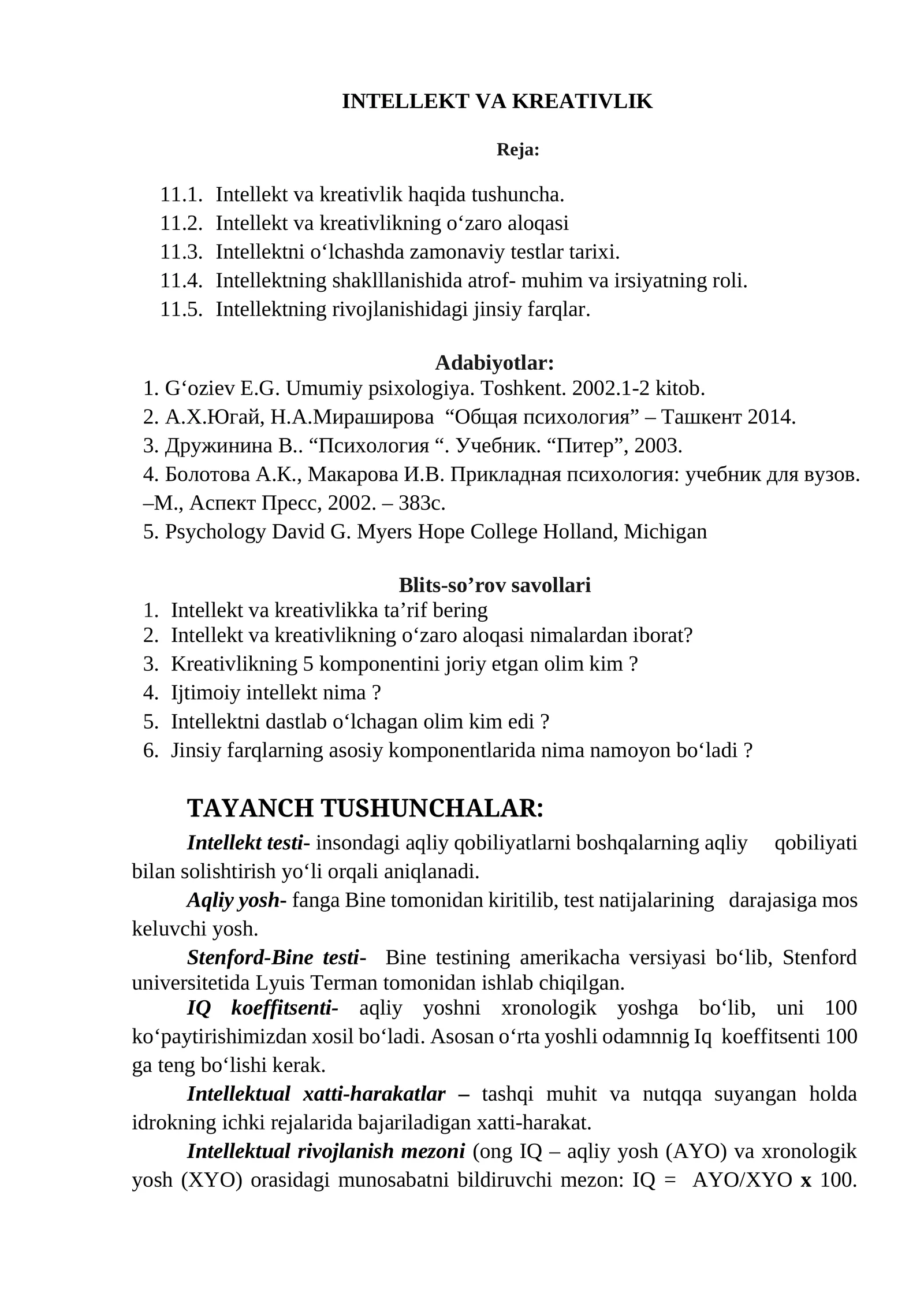 INTELLEKT VA KREATIVLIK