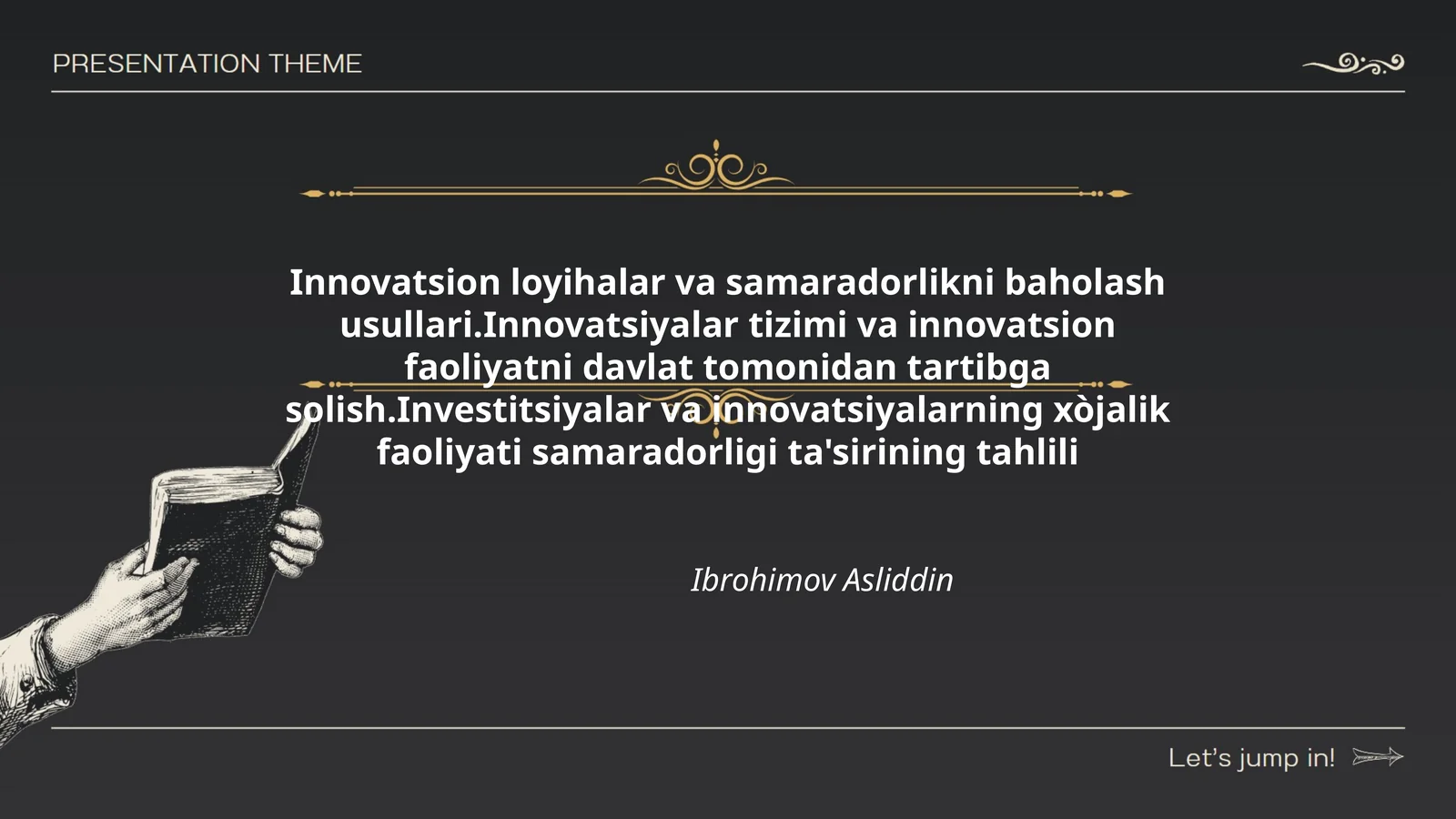 Innovatsion loyihalar va samaradorlikni baholash usullari.Innovatsiyalar tizimi va innovatsion faoliyatni davlat tomonidan tartibga solish.Investitsiyalar va innovatsiyalarning xòjalik faoliyati samaradorligi ta'sirining tahlili