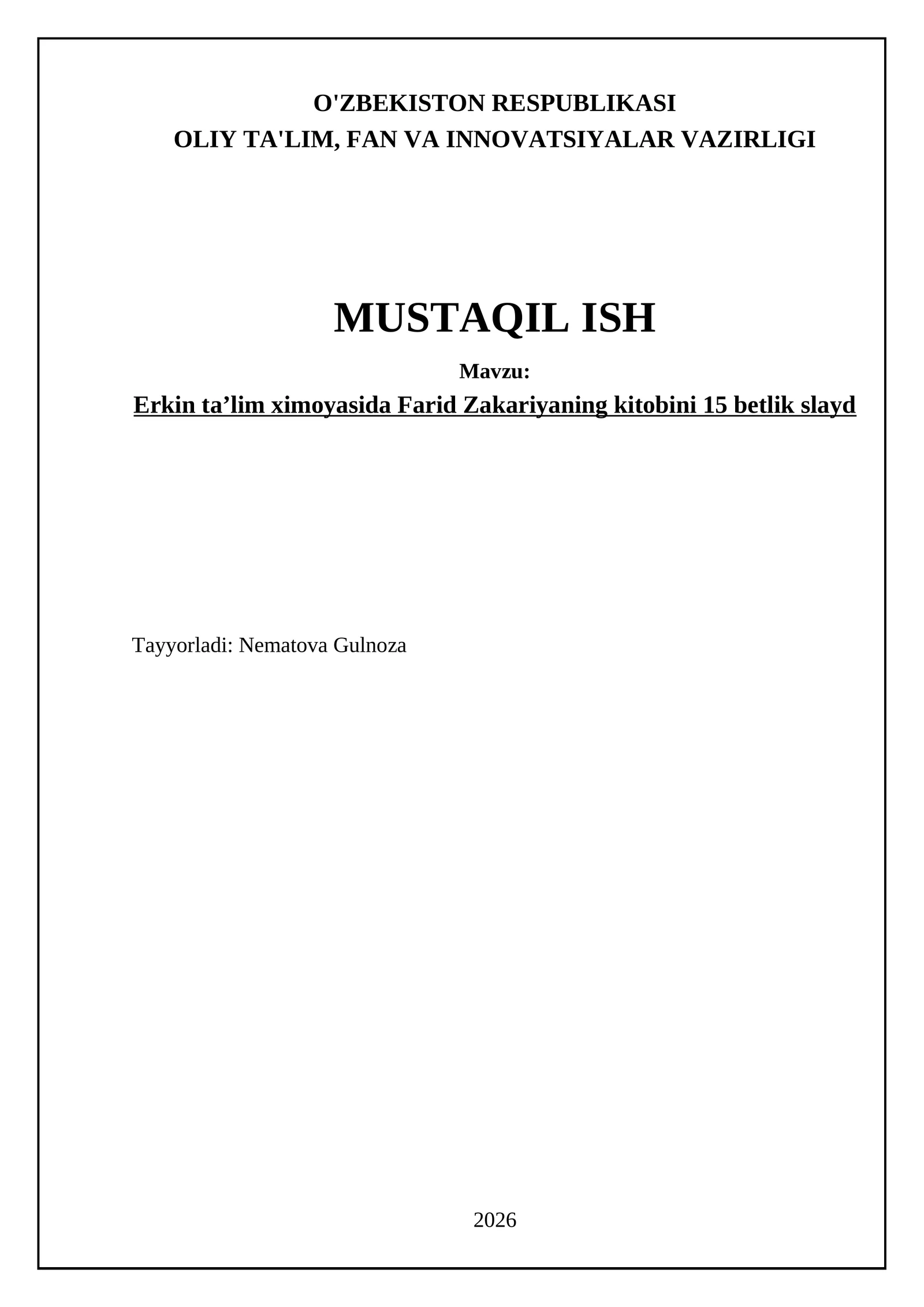 Erkin taʼlim ximoyasida Farid Zakariyaning kitobini 15 betlik slayd