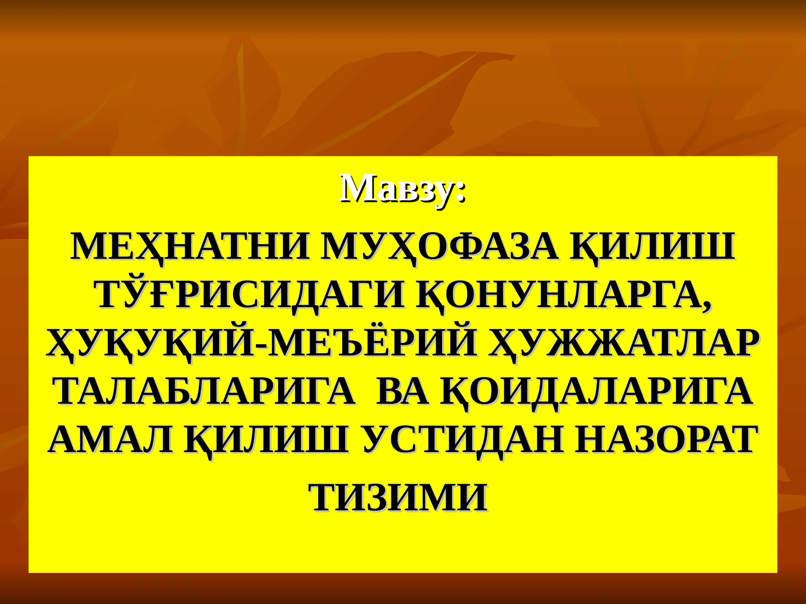 МЕҲНАТНИ МУҲОФАЗА ҚИЛИШ ТЎҒРИСИДАГИ ҚОНУНЛАРГА, ҲУҚУҚИЙ-МЕЪЁРИЙ ҲУЖЖАТЛАР ТАЛАБЛАРИГА ВА ҚОИДАЛАРИГА АМАЛ ҚИЛИШ УСТИДАН НАЗОРАТ ТИЗИМИ