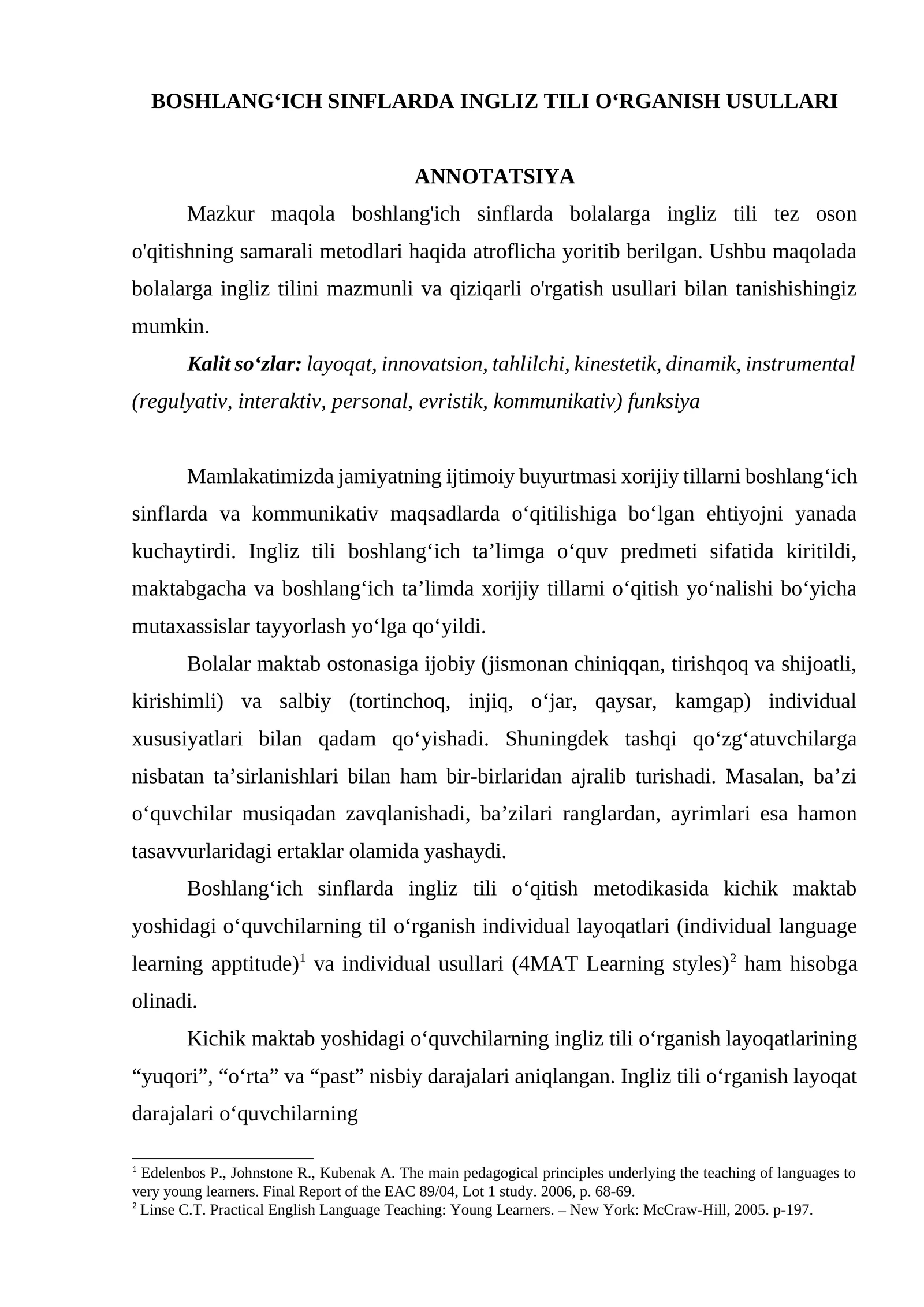 BOSHLANG‘ICH SINFLARDA INGLIZ TILI O‘RGANISH USULLARI