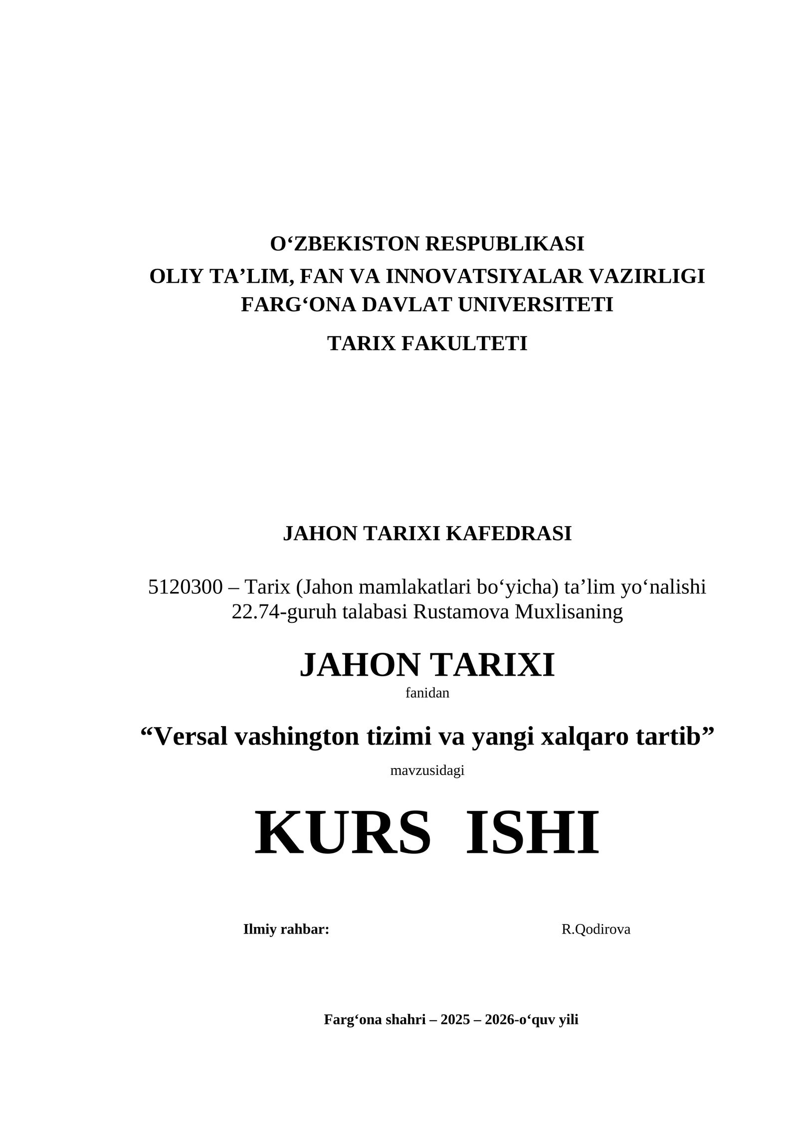 "Versal vashington tizimi va yangi xalqaro tartib"