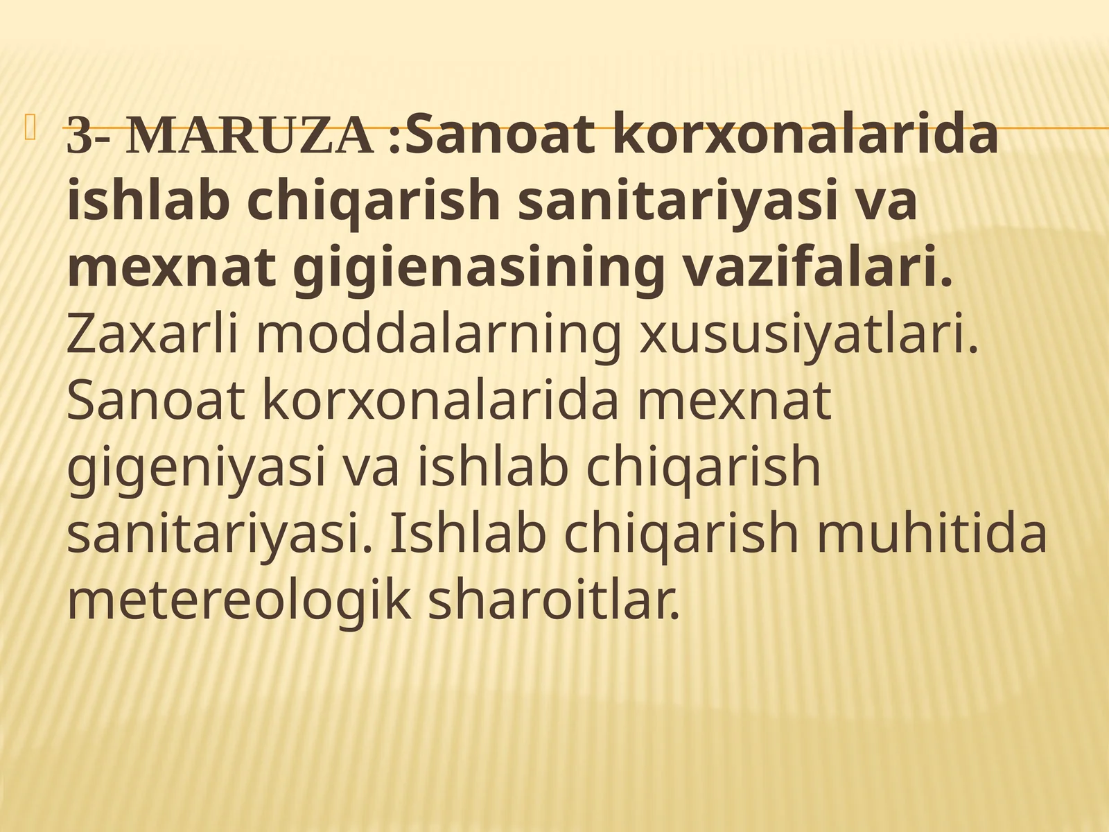 Sanoatkorxonalarida ishlab chiqarish sanitariyasi va mexnat gigienasining vazifalari. Zaxarli moddalarning xususiyatlari. Sanoat korxonalarida mexnat gigeniyasi va ishlab chiqarish sanitariyasi. Ishlab chiqarish muhitida metereologik sharoitlar