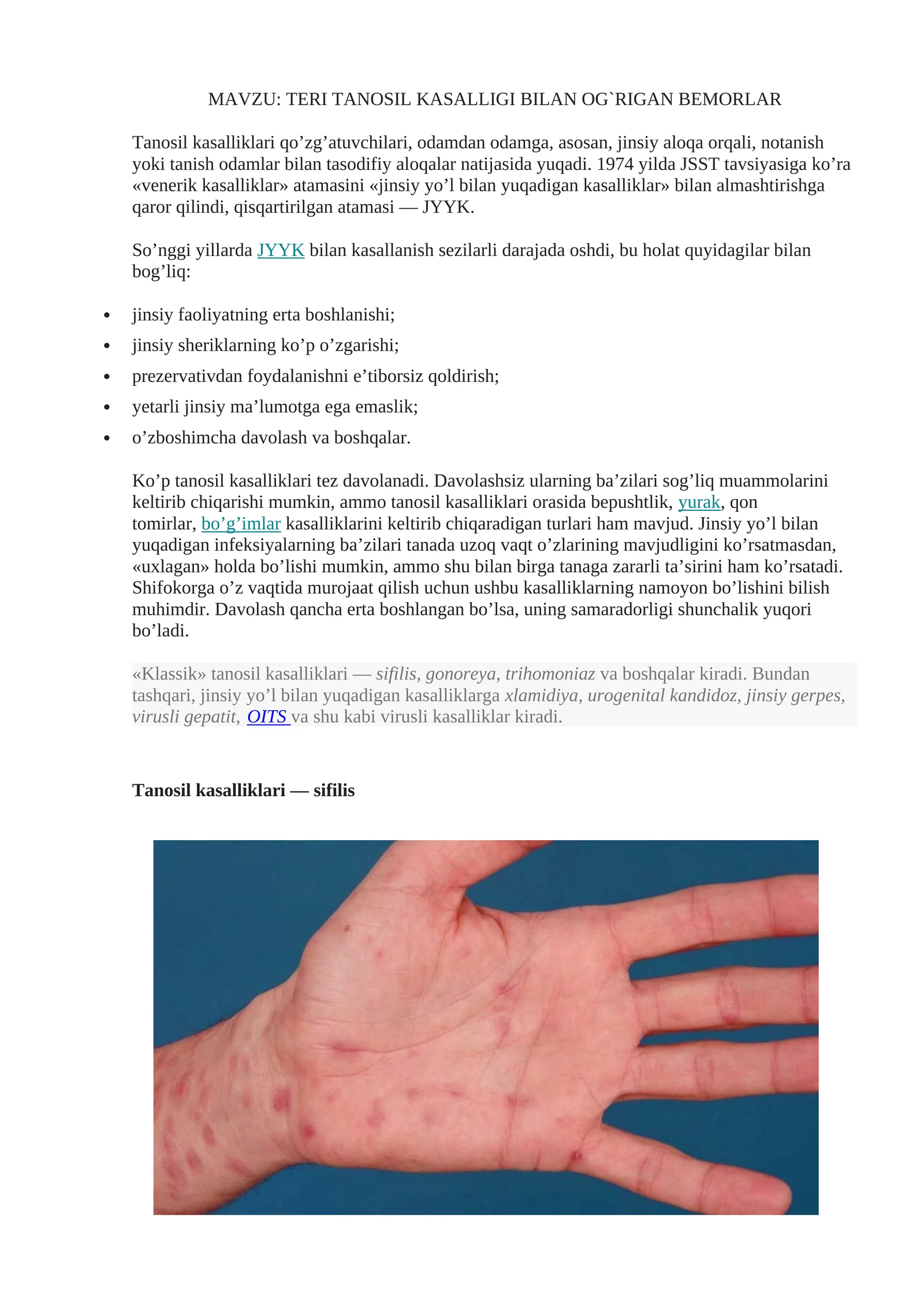 TERI TANOSIL KASALLIGI BILAN OG`RIGAN BEMORLAR