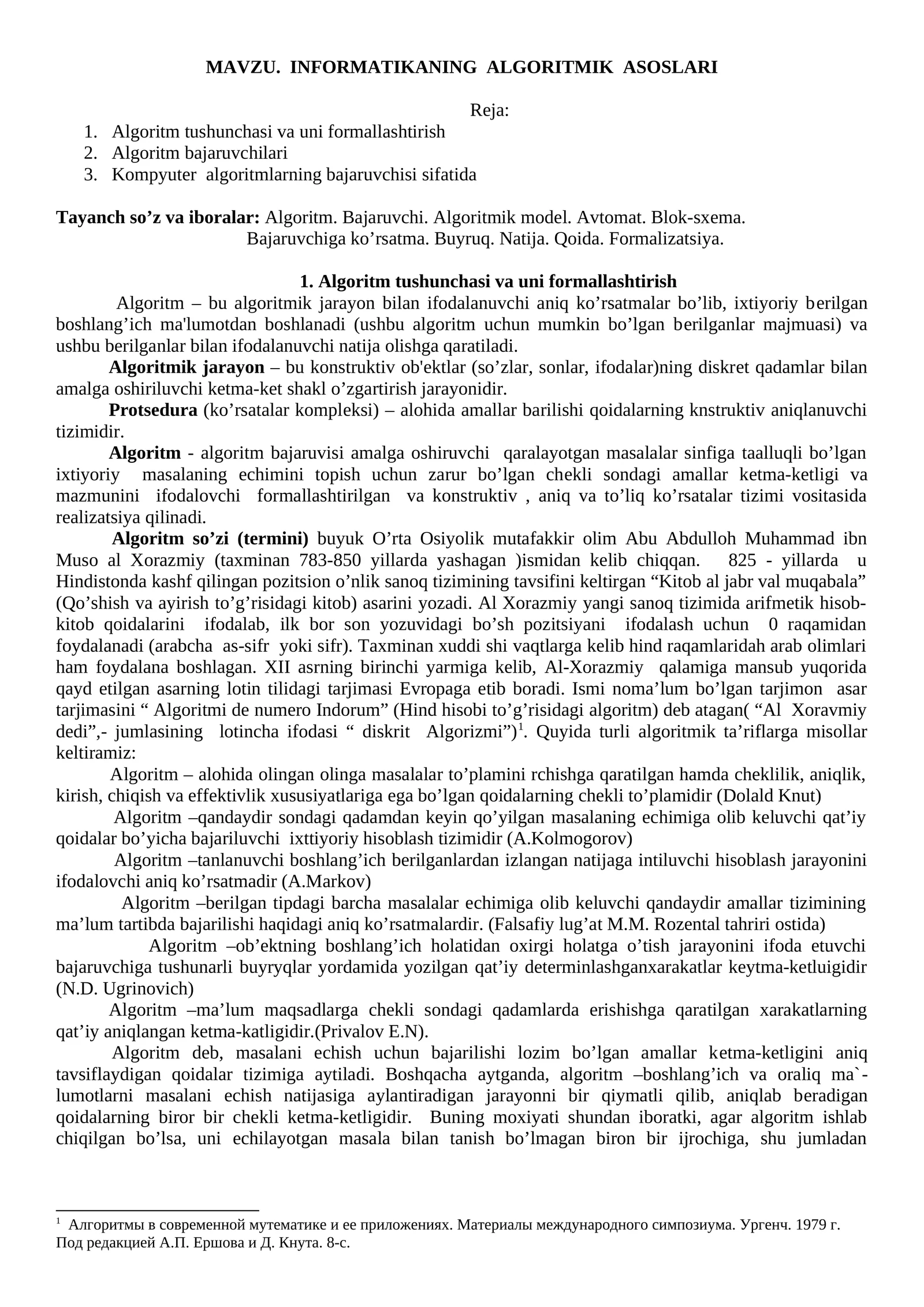 INFORMATIKANING ALGORITMIK ASOSLARI