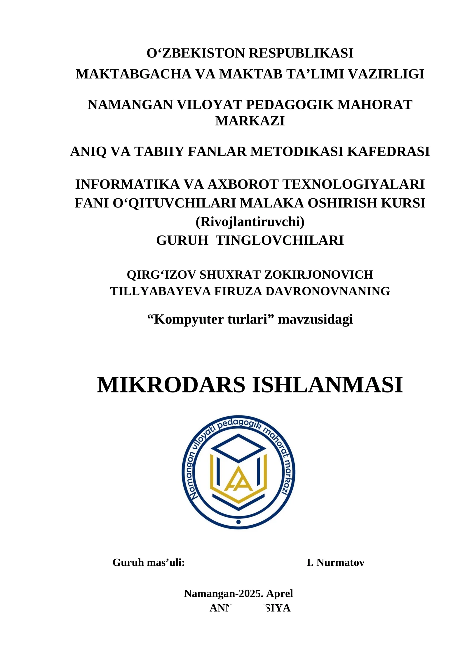 “Kompyuter turlari” mavzusidagi MIKRODARS ISHLANMASI