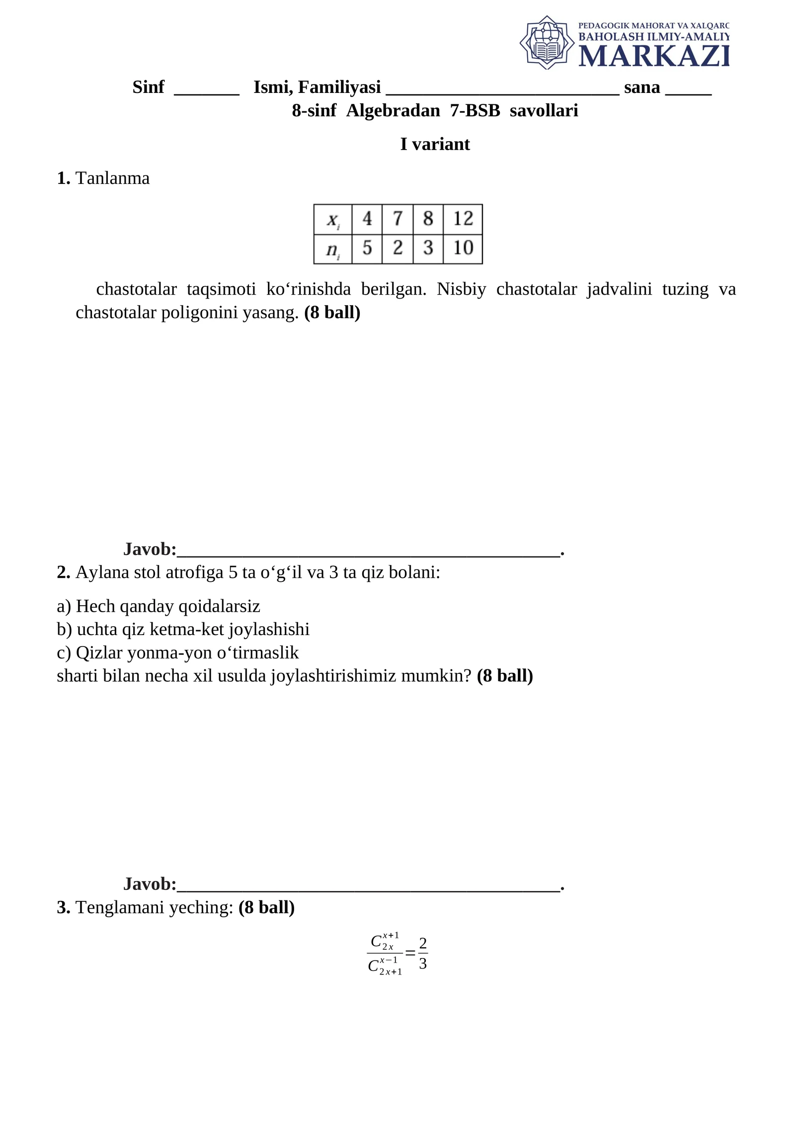 8-sinf Algebradan 7-BSB savollari