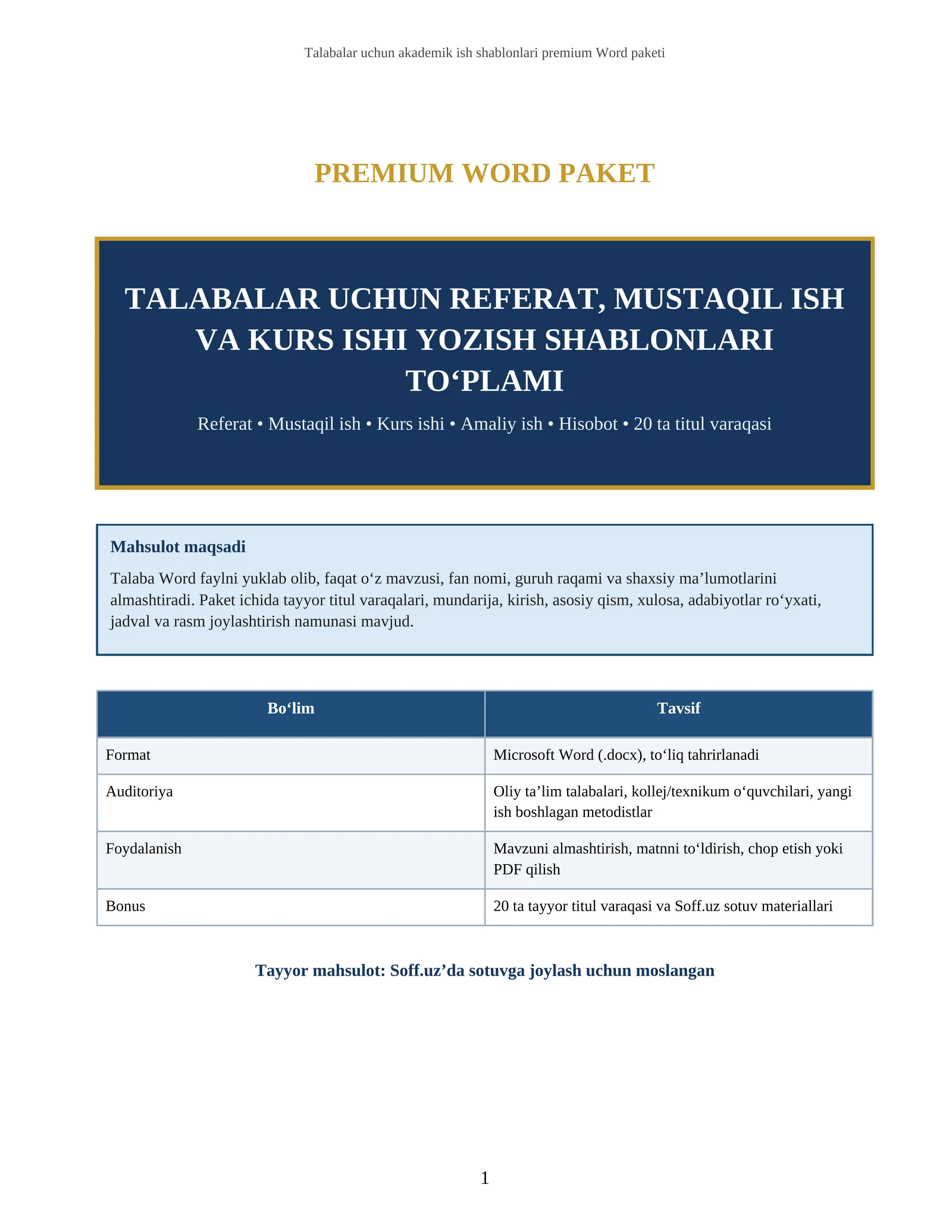 TALABALAR UCHUN REFERAT, MUSTAQIL ISH VA KURS ISHI YOZISH SHABLONLARI TO‘PLAMI