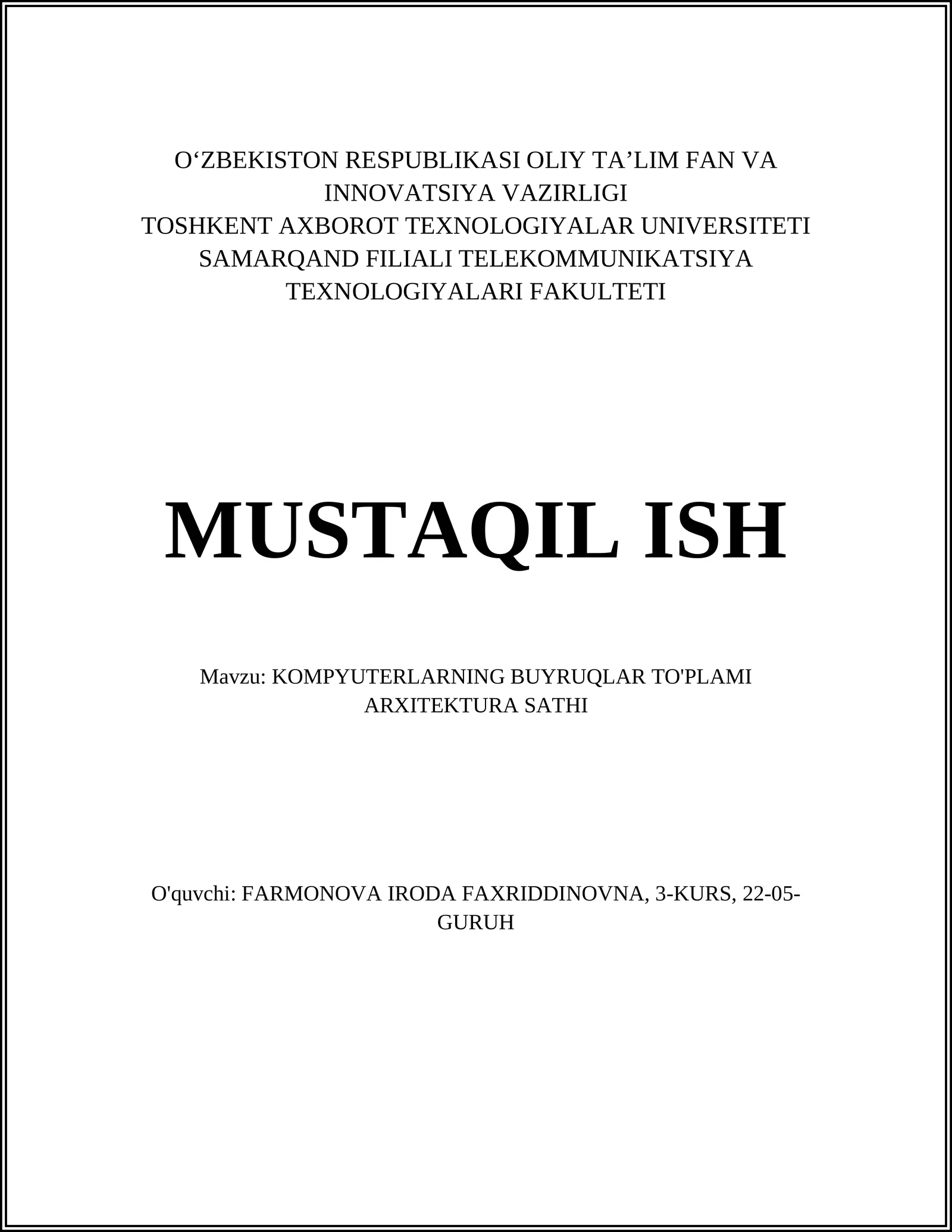 KOMPYUTERLARNING BUYRUQLAR TO'PLAMI ARXITEKTURA SATHI