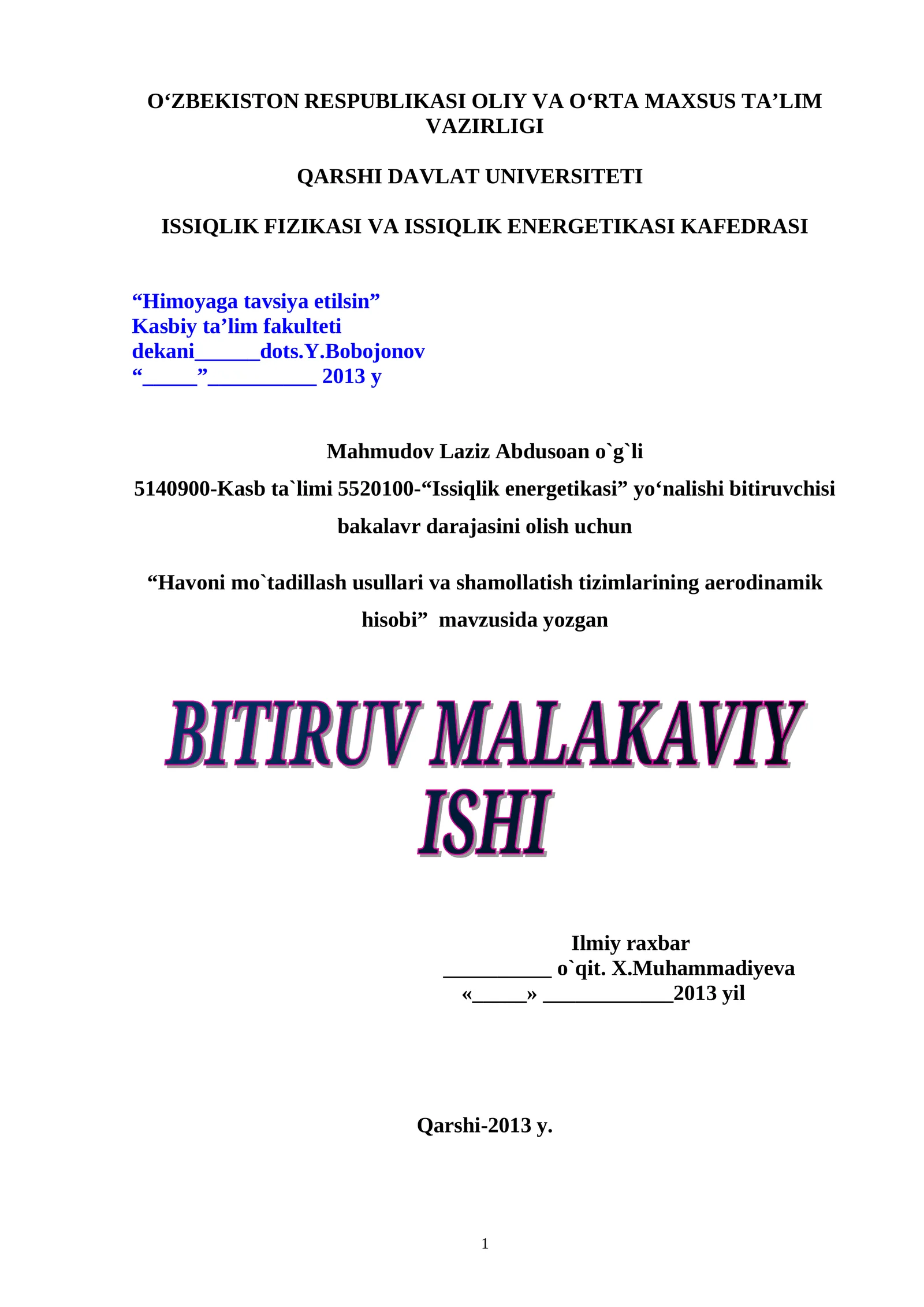 Havoni mo`tadillash usullari va shamollatish tizimlarining aerodinamik hisobi