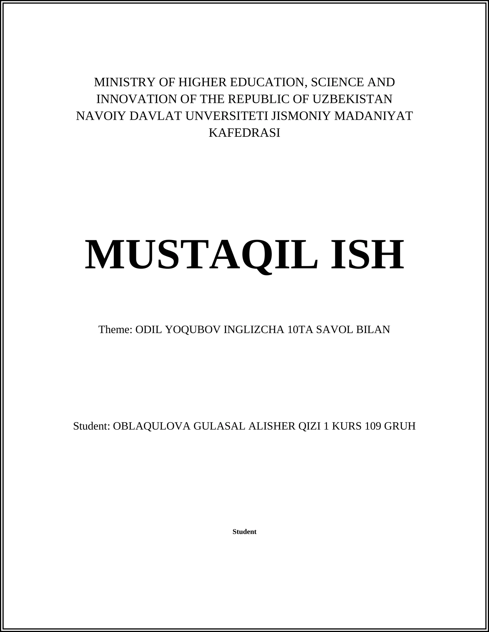 ODIL YOQUBOV INGLIZCHA 10TA SAVOL BILAN
