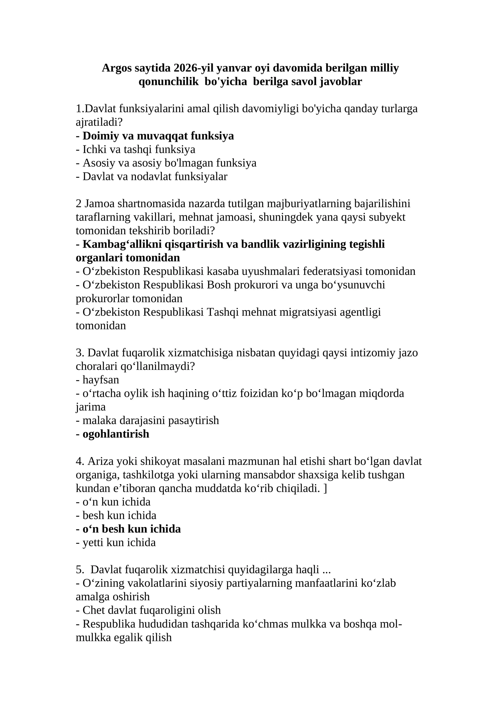 Argos saytida berilgan Milliy qonunchilik bo'yicha savol javoblar