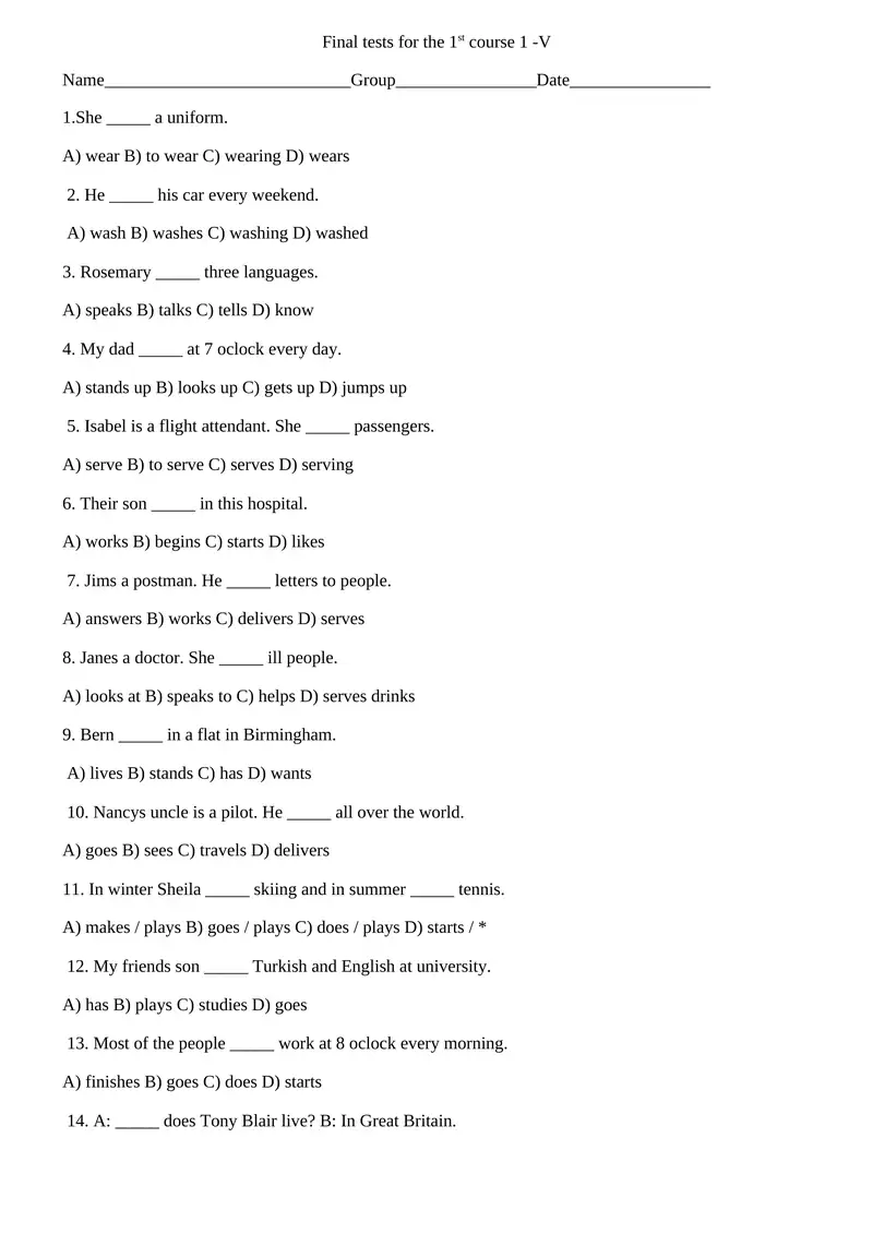 Final tests for the 1st course 1 -V