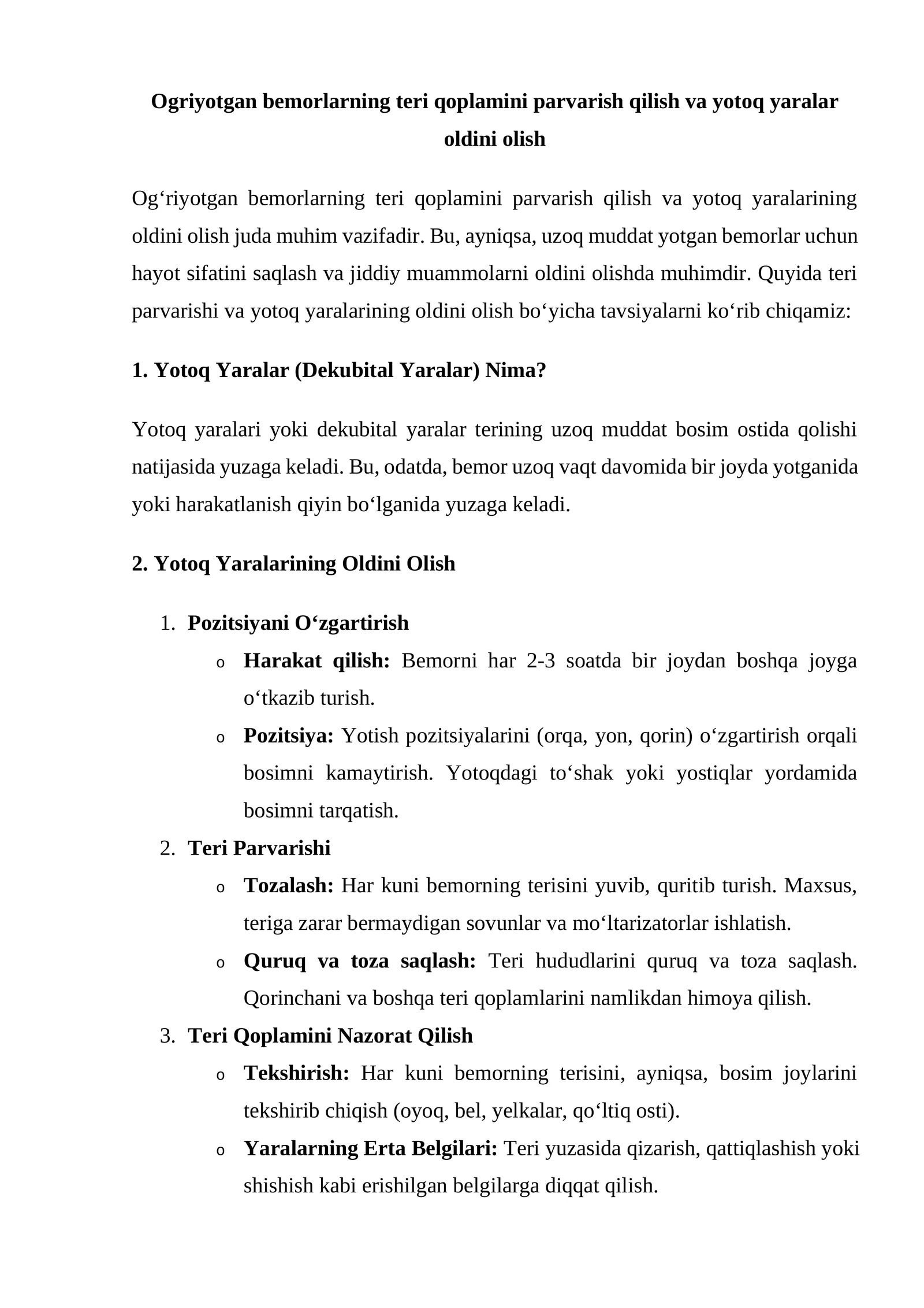 Yotoq yaralarining oldini olish